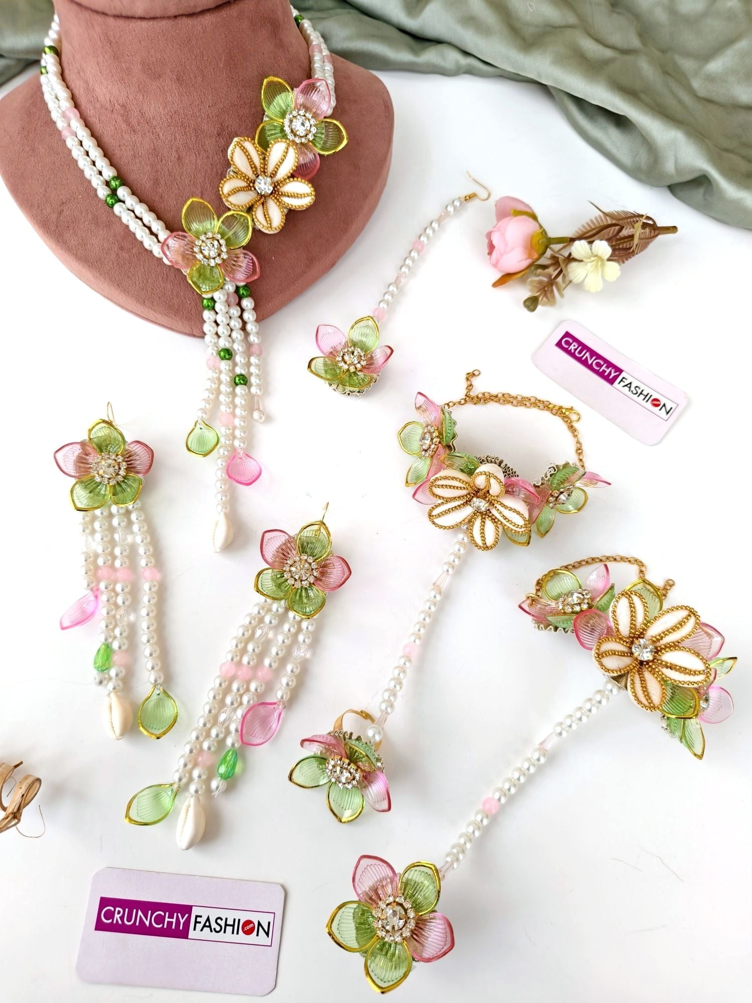 Green Pink Floral Seashell Haldi Bridal Set