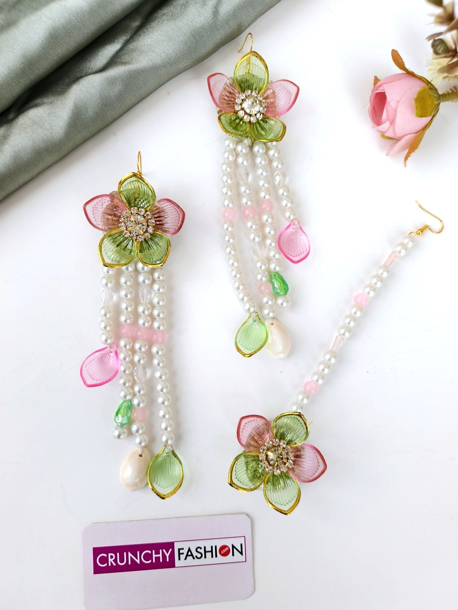 Green Pink Floral Seashell Haldi Bridal Set