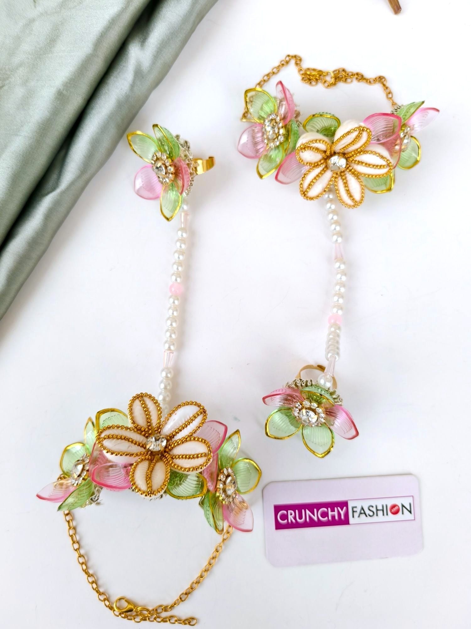 Green Pink Floral Seashell Haldi Bridal Set