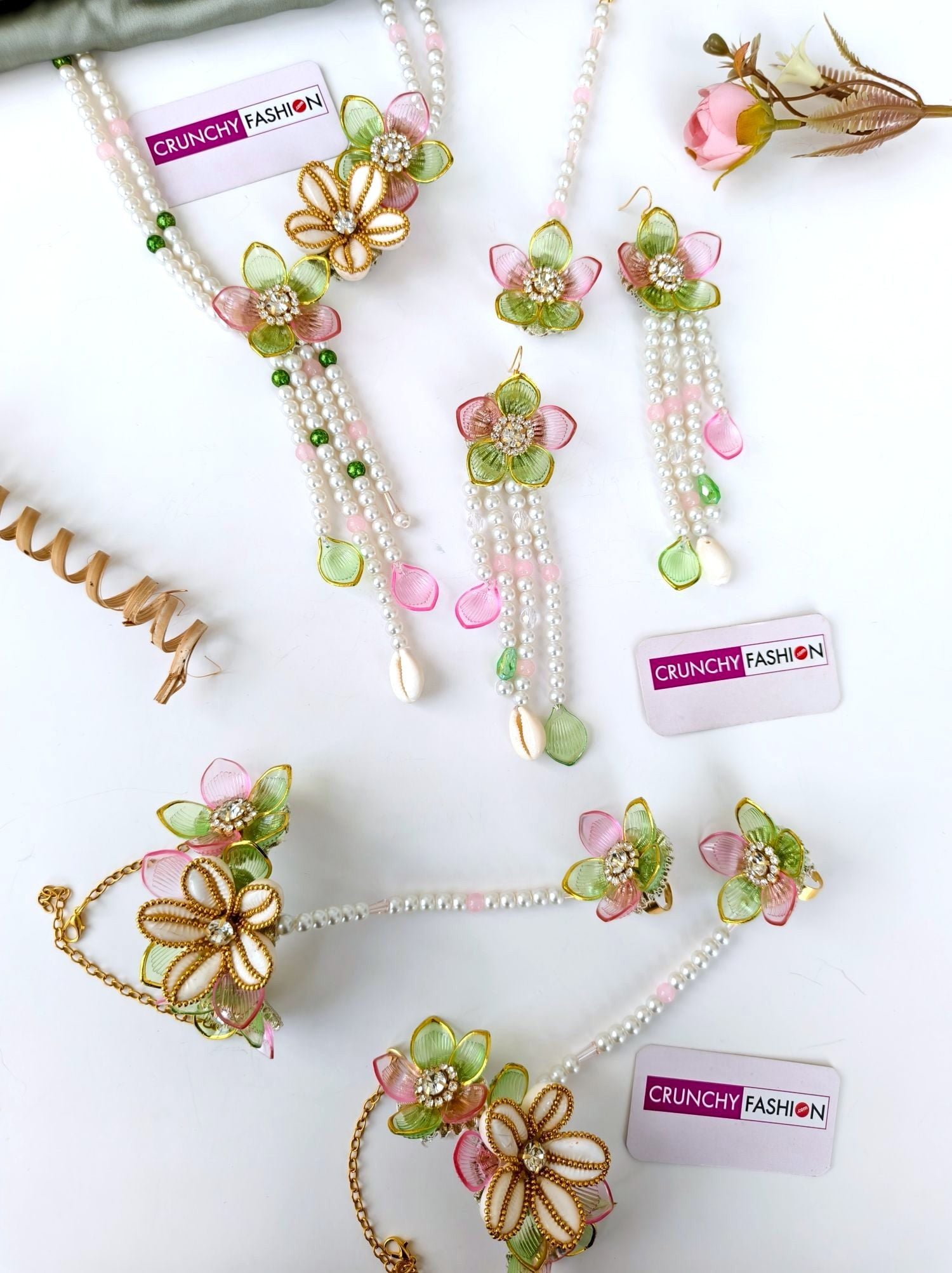 Green Pink Floral Seashell Haldi Bridal Set