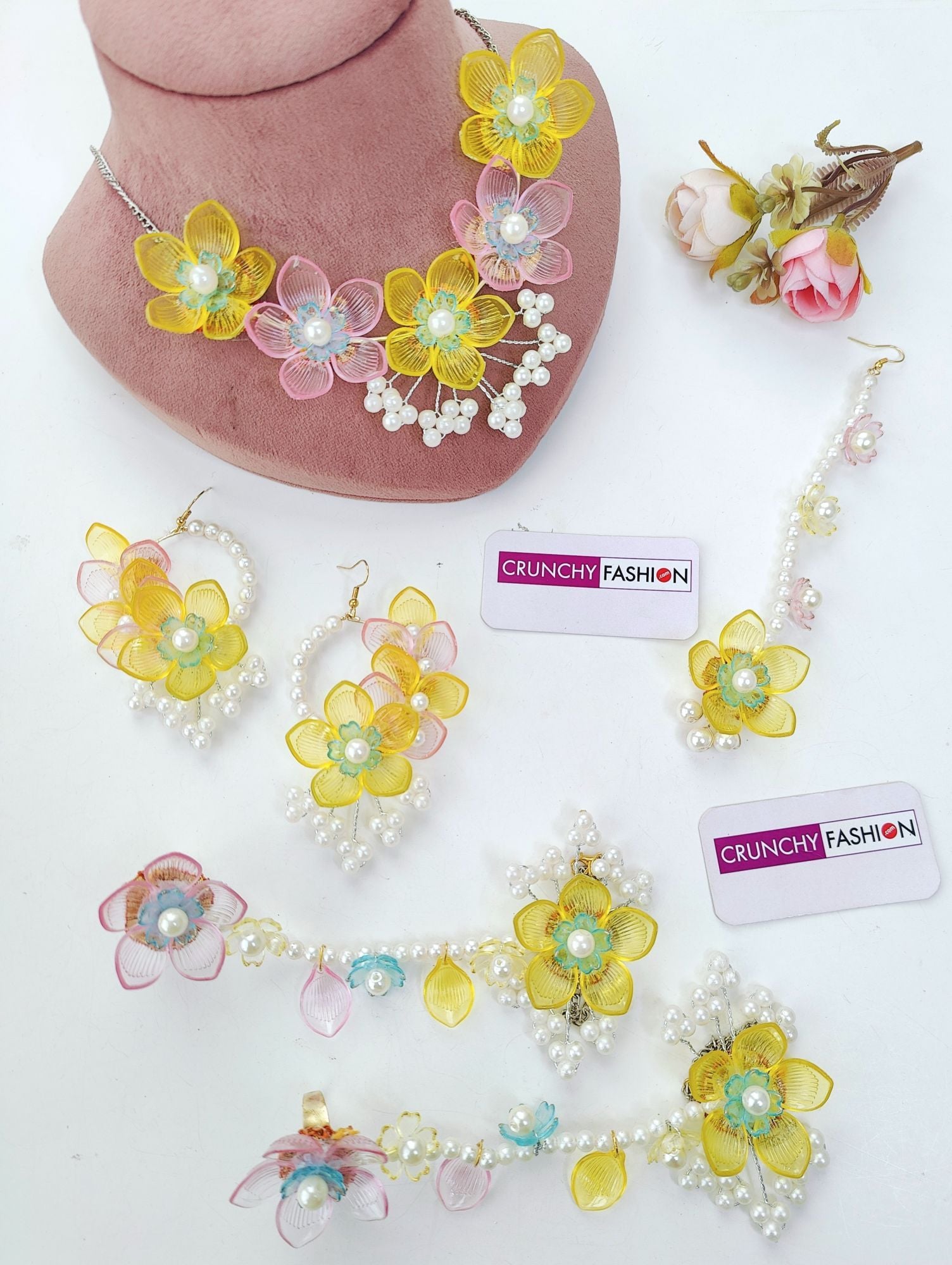 Handmade Carnival of Flowers: Pink-Yellow Floral Resin Jewellery Set For Brides