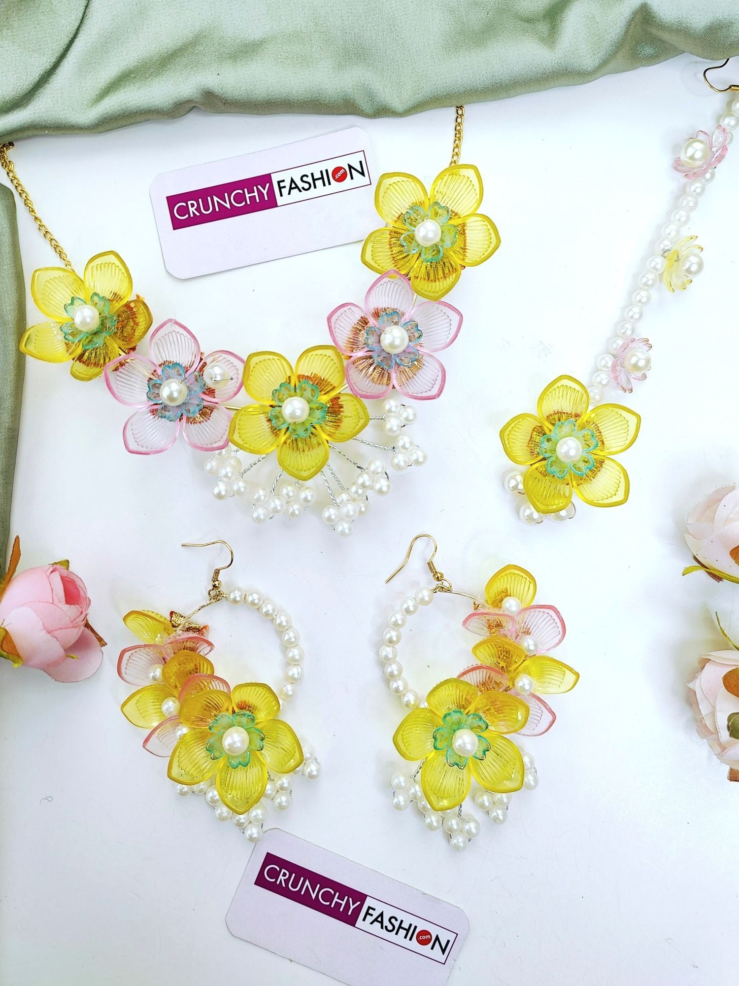 Handmade Carnival of Flowers: Pink-Yellow Floral Resin Jewellery Set For Brides