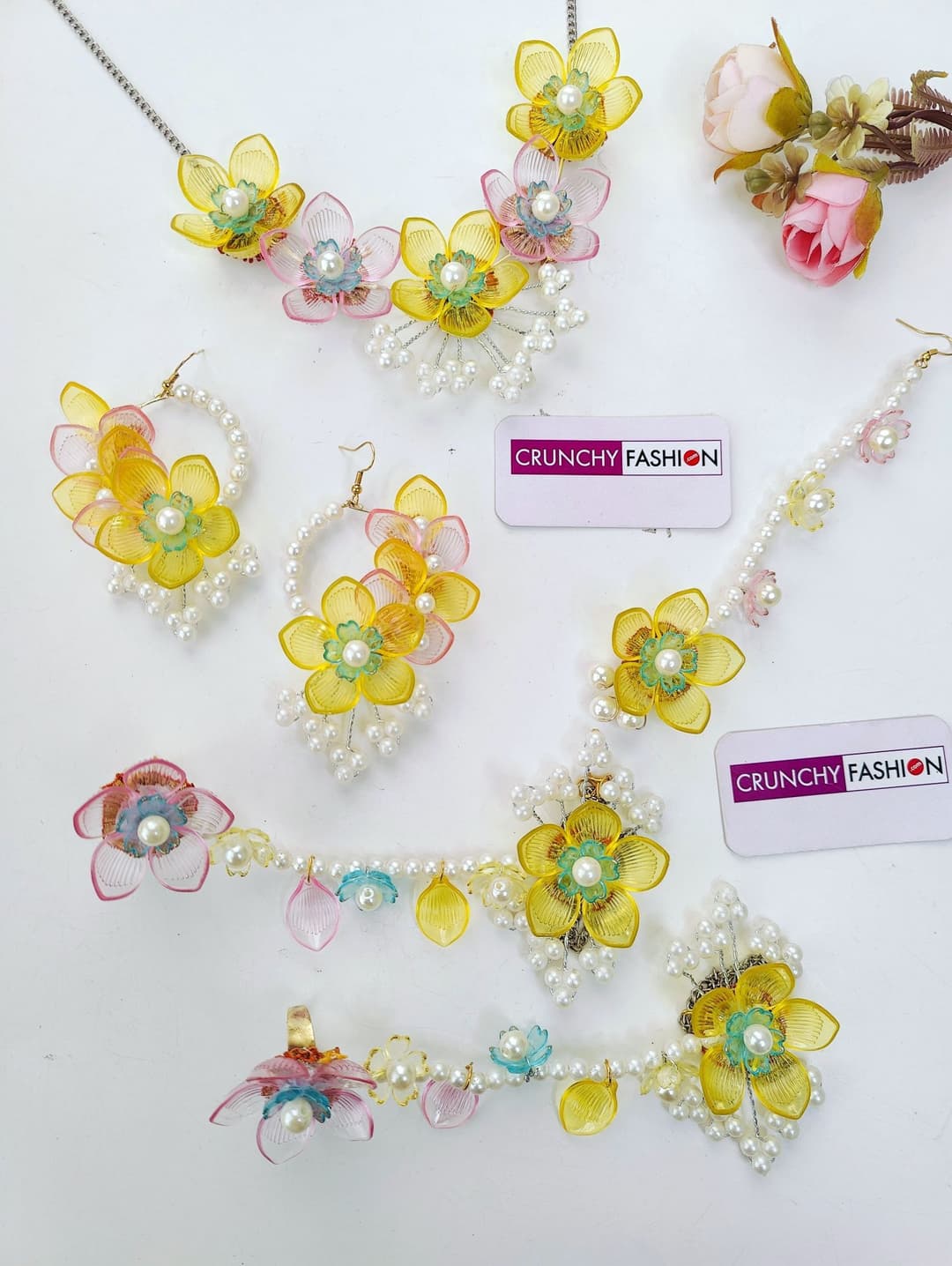 Handmade Carnival of Flowers: Pink-Yellow Floral Resin Jewellery Set For Brides