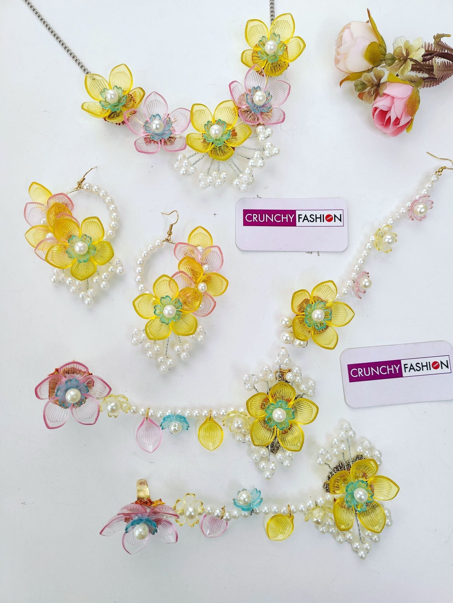 Handmade Carnival of Flowers: Pink-Yellow Floral Resin Jewellery Set For Brides