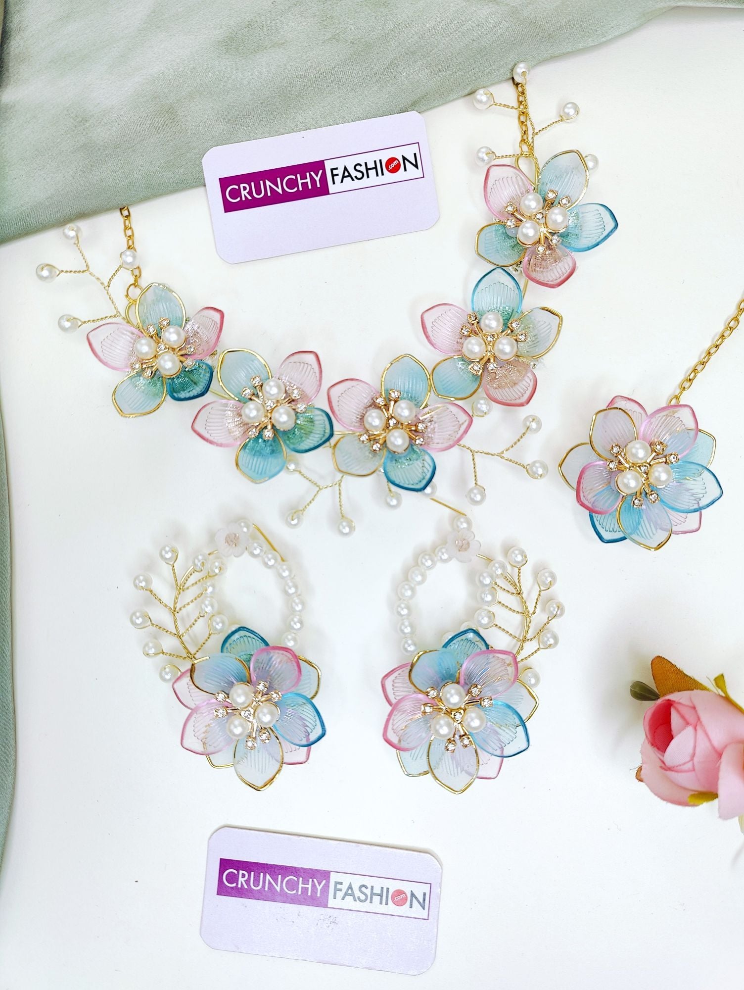 Pastel Pink Blue Acrylic Floral Jewellery Set for Haldi & Mehndi Brides