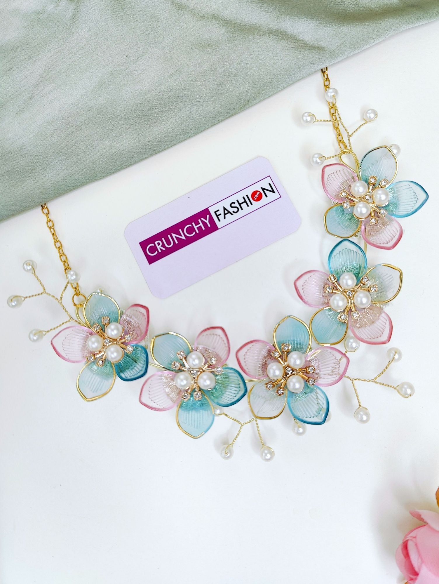 Pastel Pink Blue Acrylic Floral Jewellery Set for Haldi & Mehndi Brides