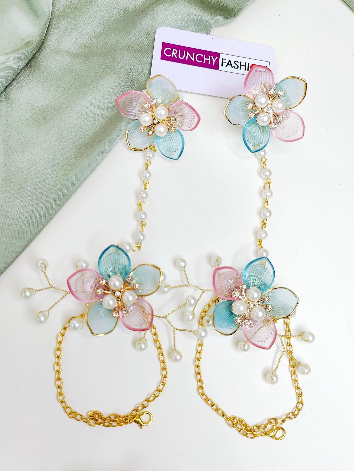 Pastel Pink Blue Acrylic Floral Jewellery Set for Haldi & Mehndi Brides