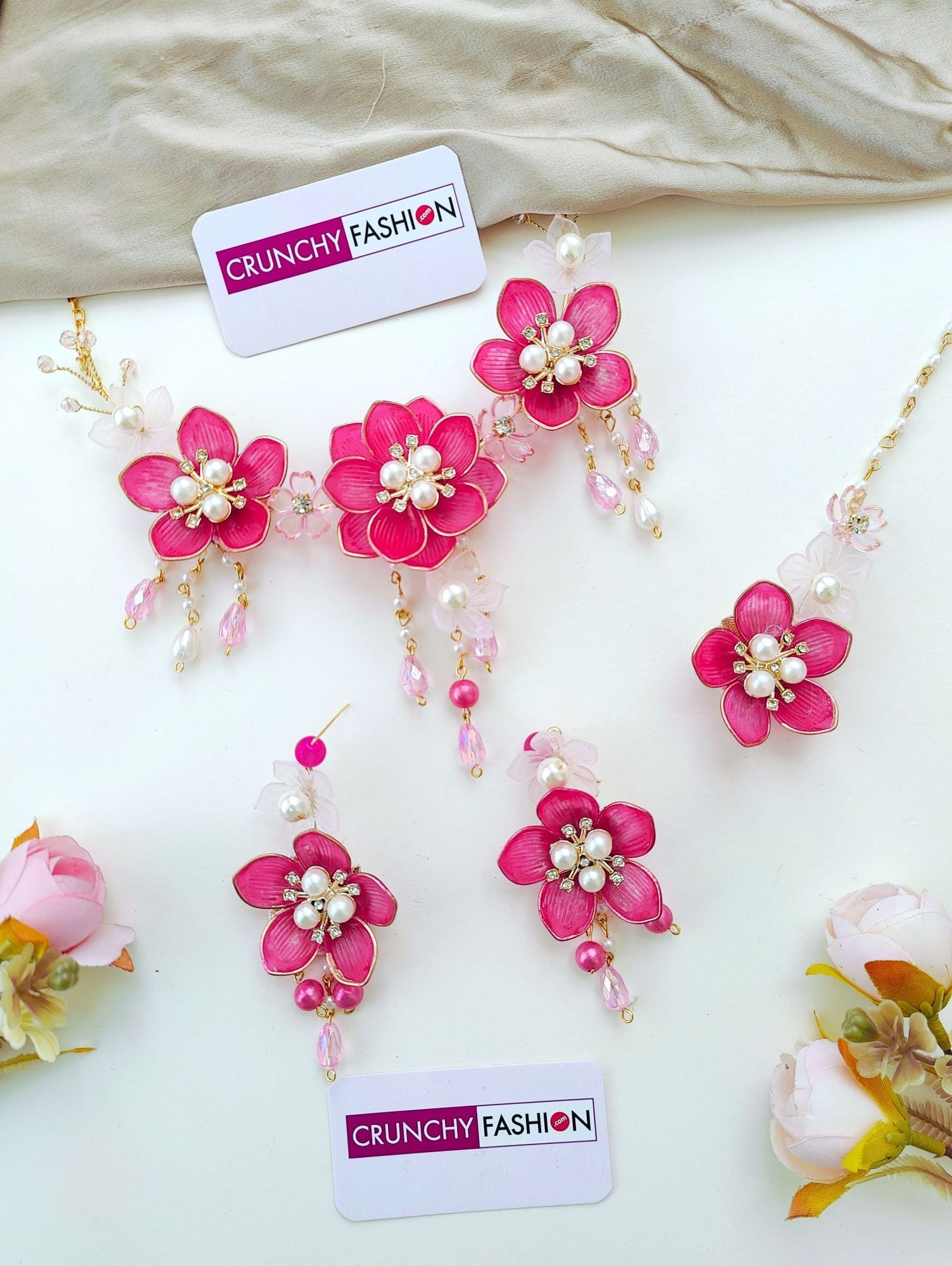 Pink Floral Carnival Bridal Acrylic Jewellery Set with Gold Plating, Ideal for Haldi-Mehndi