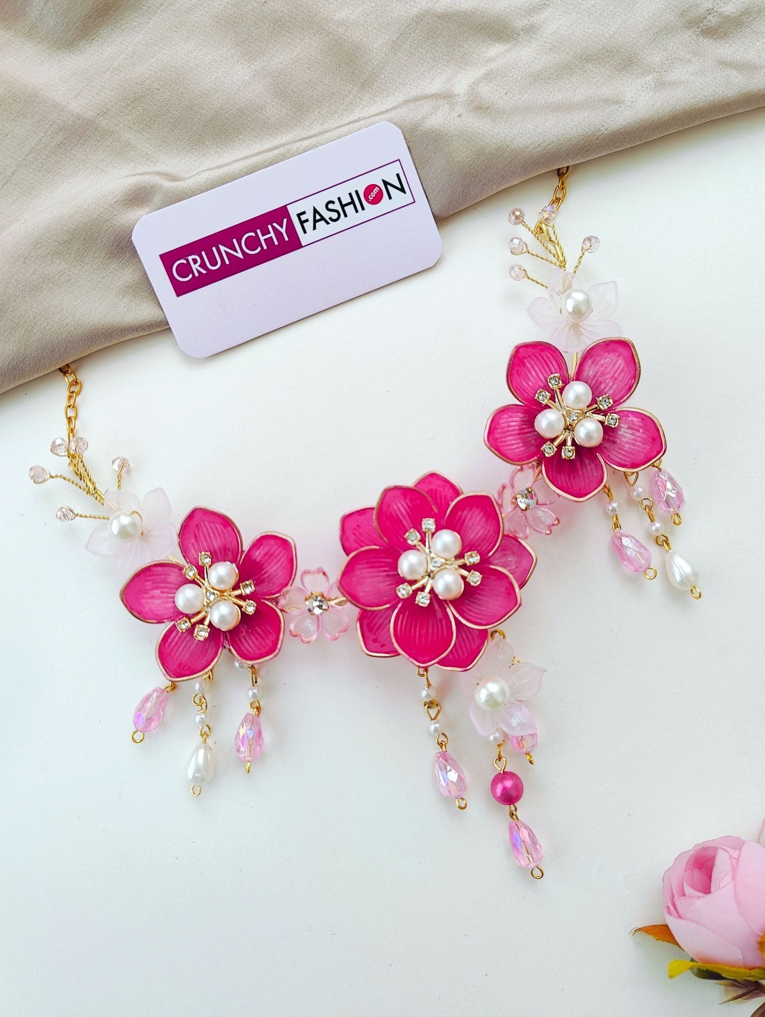 Pink Floral Carnival Bridal Acrylic Jewellery Set with Gold Plating, Ideal for Haldi-Mehndi