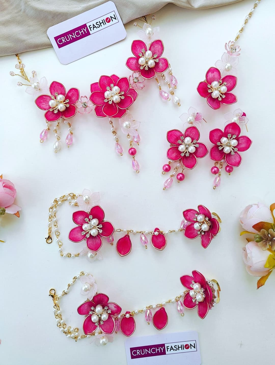 Pink Floral Carnival Bridal Acrylic Jewellery Set with Gold Plating, Ideal for Haldi-Mehndi