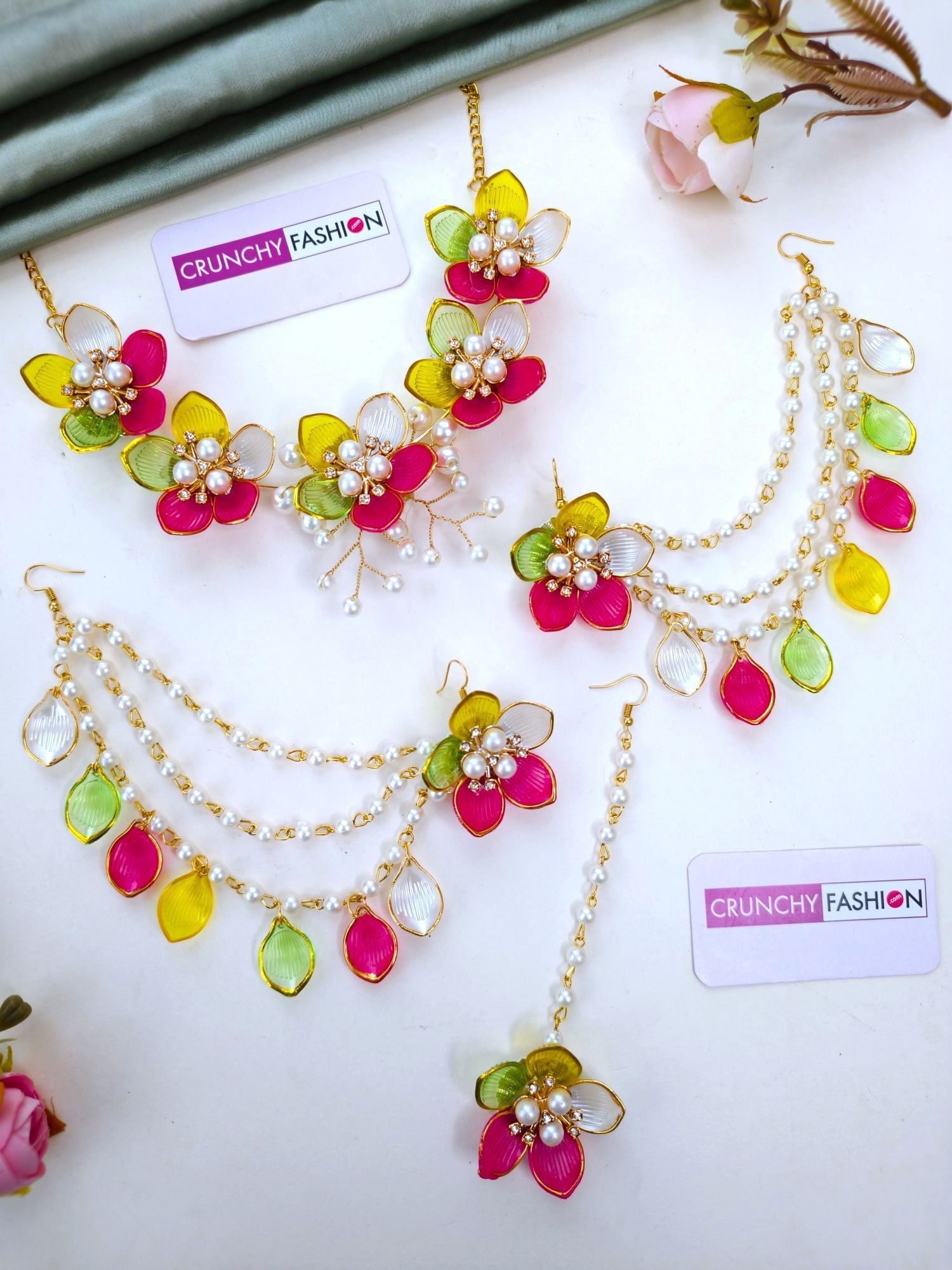 Vibrant Pink Yellow Acrylic Floral Jewellery Set for Mehndi