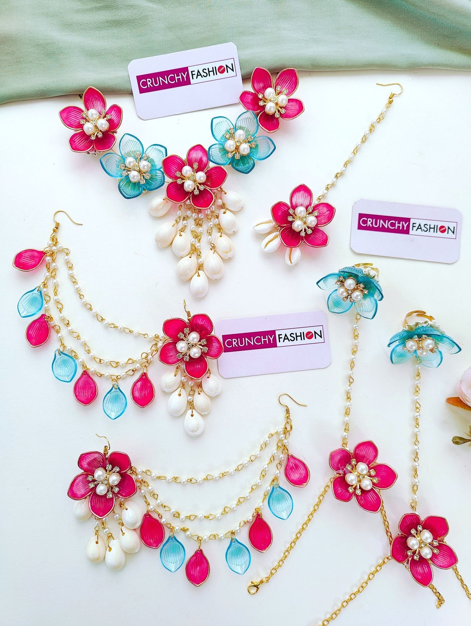 Bridal Bliss: Sky-Blue & Pink Resin Floral Jewellery for Haldi-Mehndi
