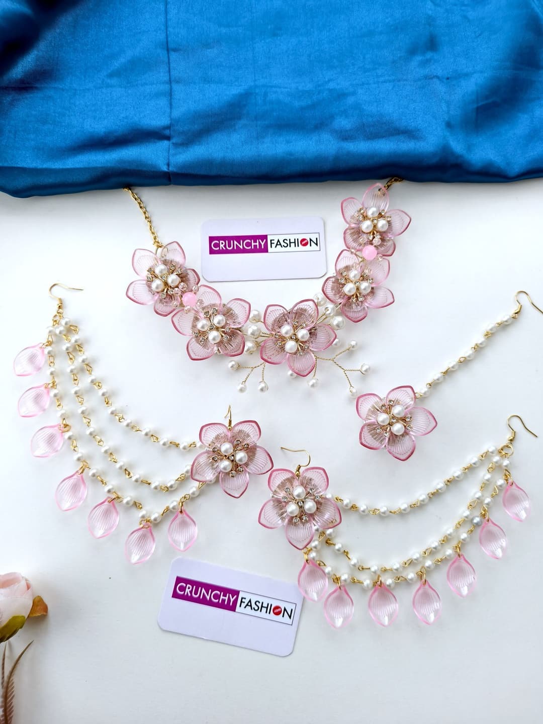 Powder Blue & Pink Floral Bridal Jewelry for Haldi-Mehndi