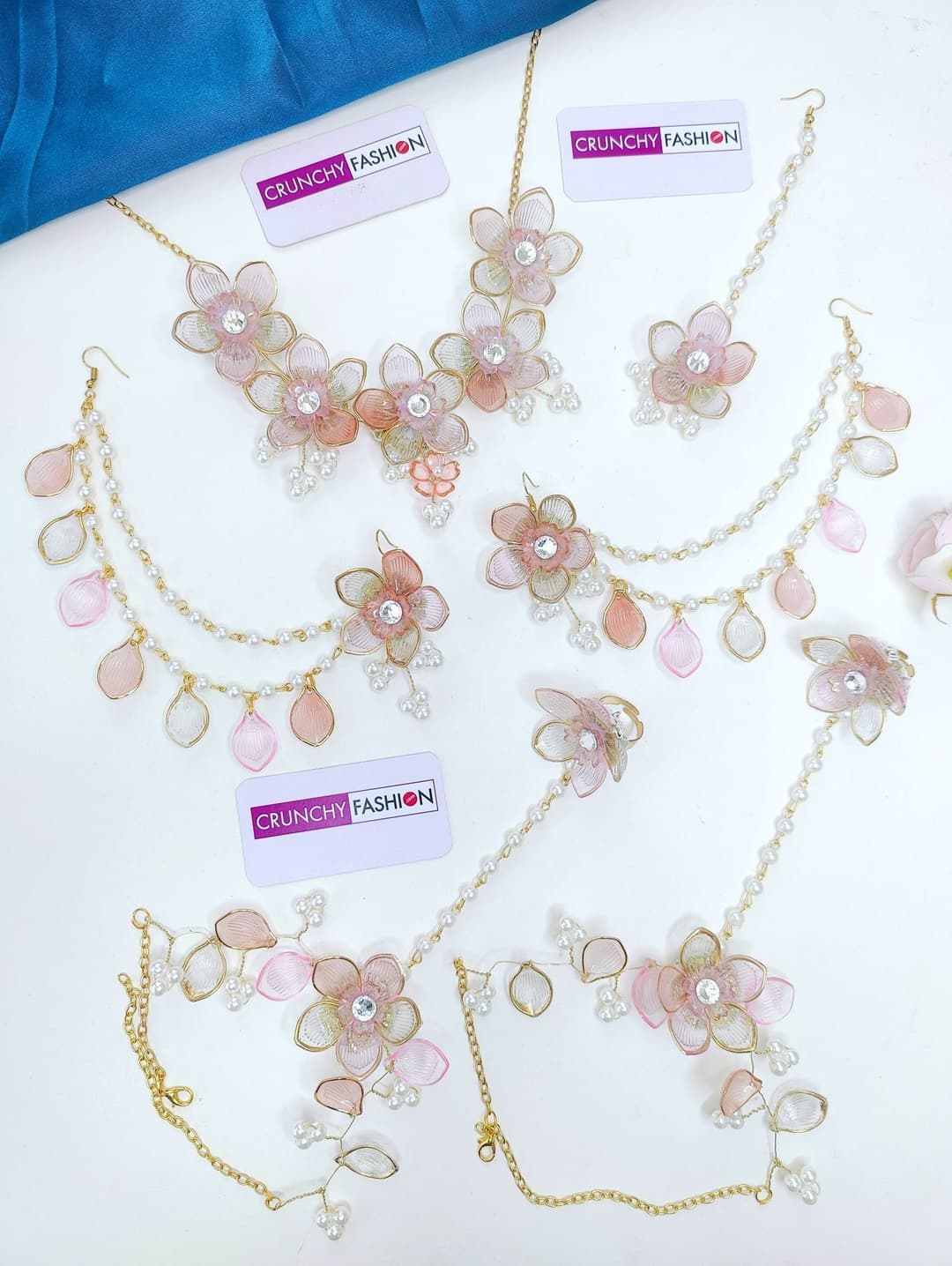 Powder Blue Cowrie Shell Jewellery Nuptial Set with Gold Plating