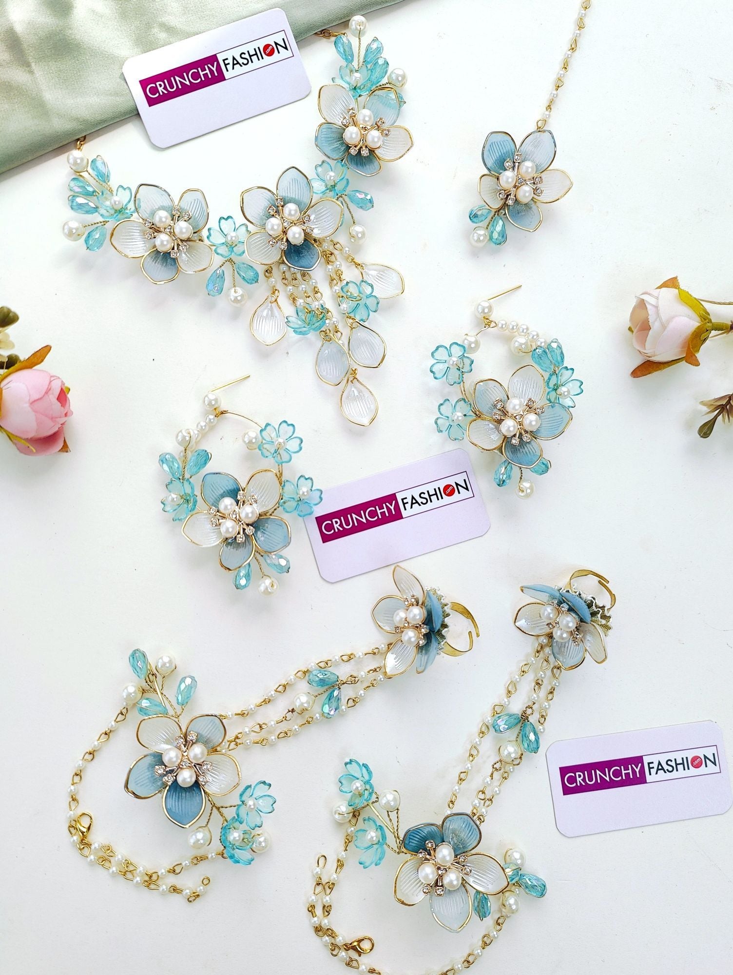 Powder Blue Floral & Sea Shell Jewellery Set for Haldi Brides
