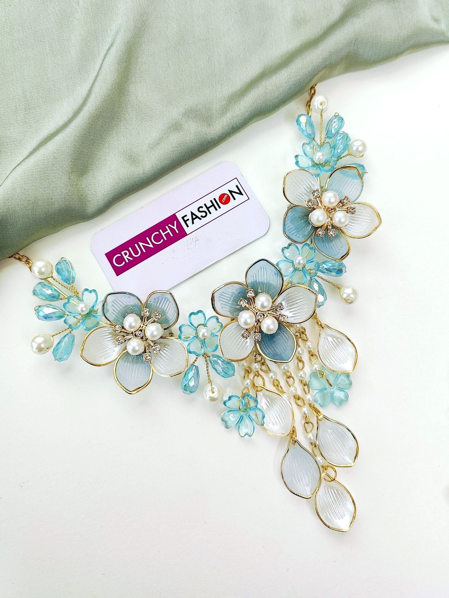 Powder Blue Floral & Sea Shell Jewellery Set for Haldi Brides