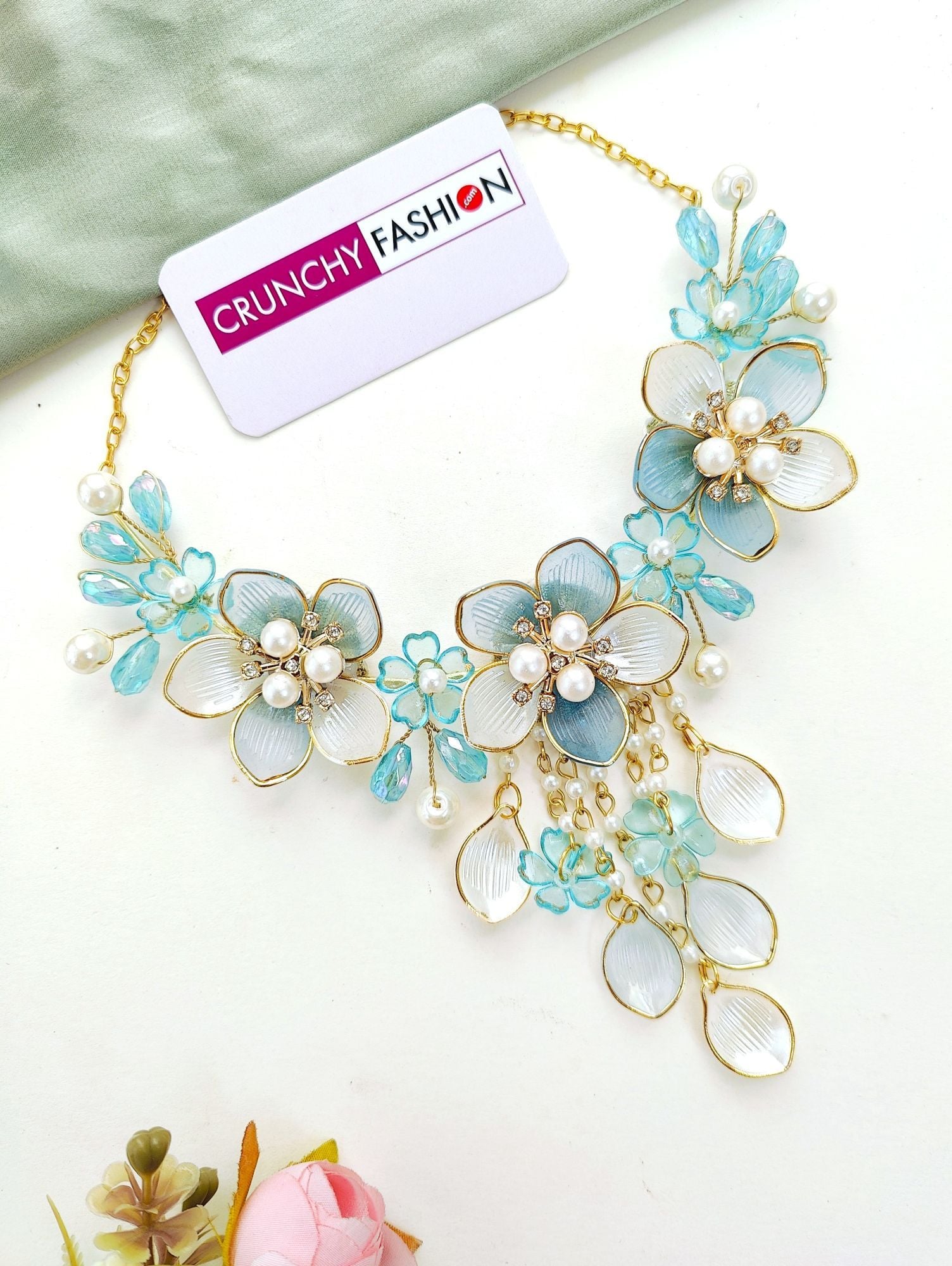 Powder Blue Floral & Sea Shell Jewellery Set for Haldi Brides