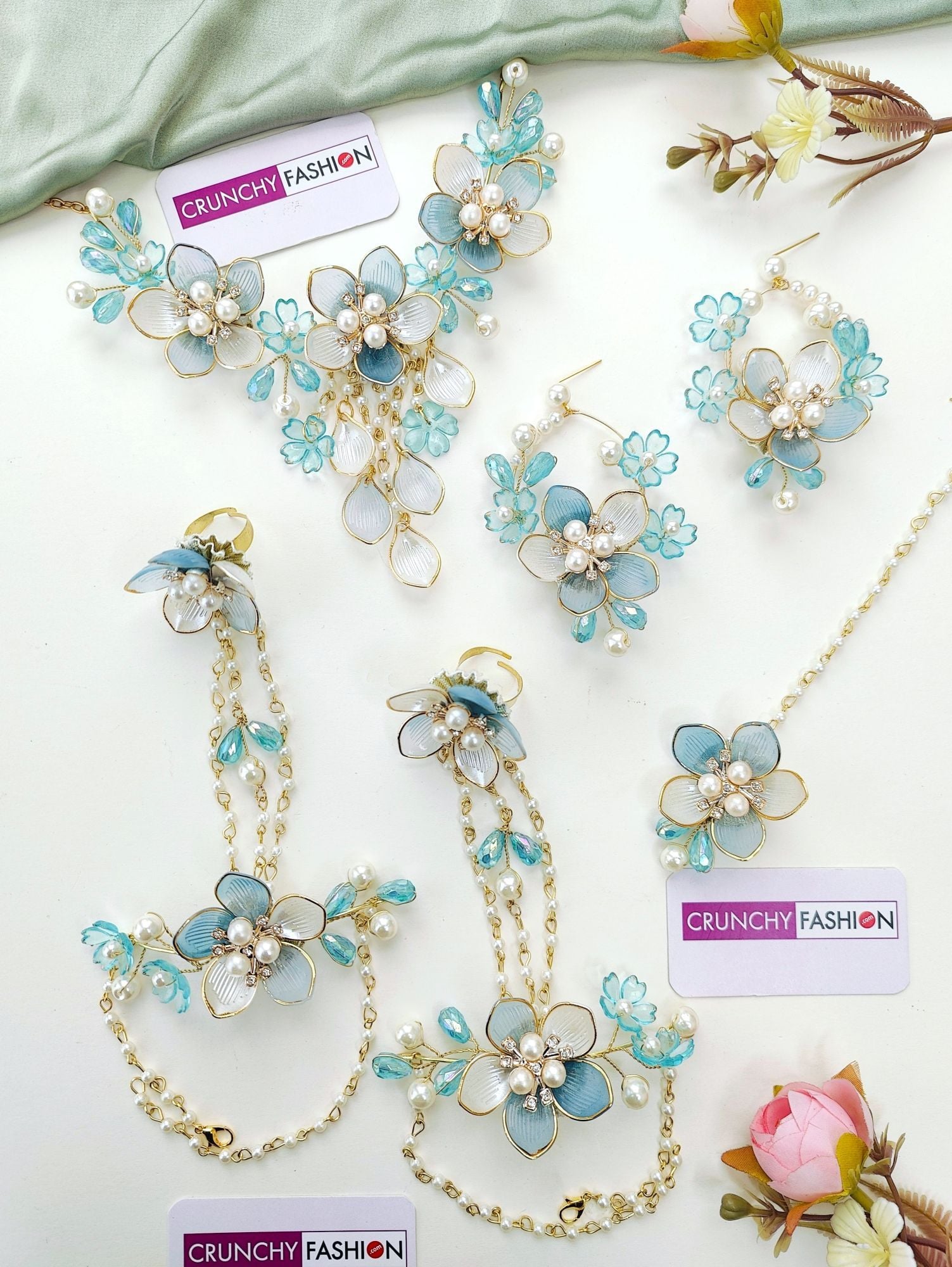 Powder Blue Floral & Sea Shell Jewellery Set for Haldi Brides
