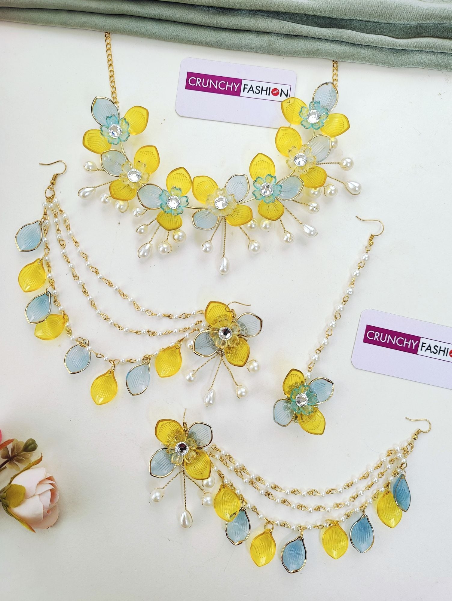 Yellow Sky Blue Floral & Sea Shell Haldi Mehndi Bridal Jewellery Set