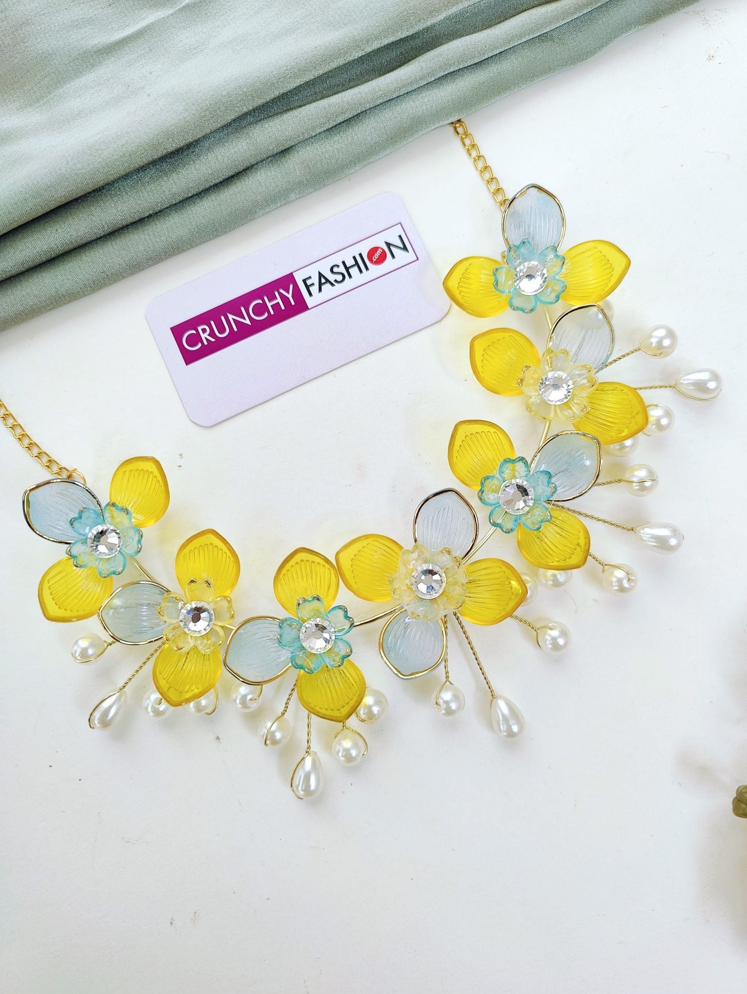Yellow Sky Blue Floral & Sea Shell Haldi Mehndi Bridal Jewellery Set