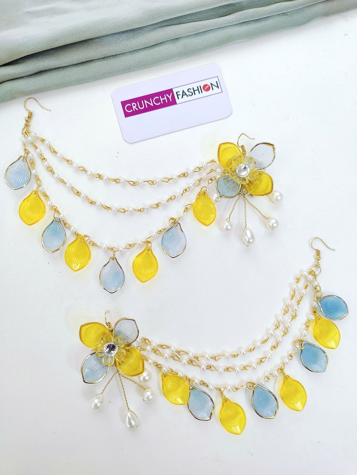 Yellow Sky Blue Floral & Sea Shell Haldi Mehndi Bridal Jewellery Set