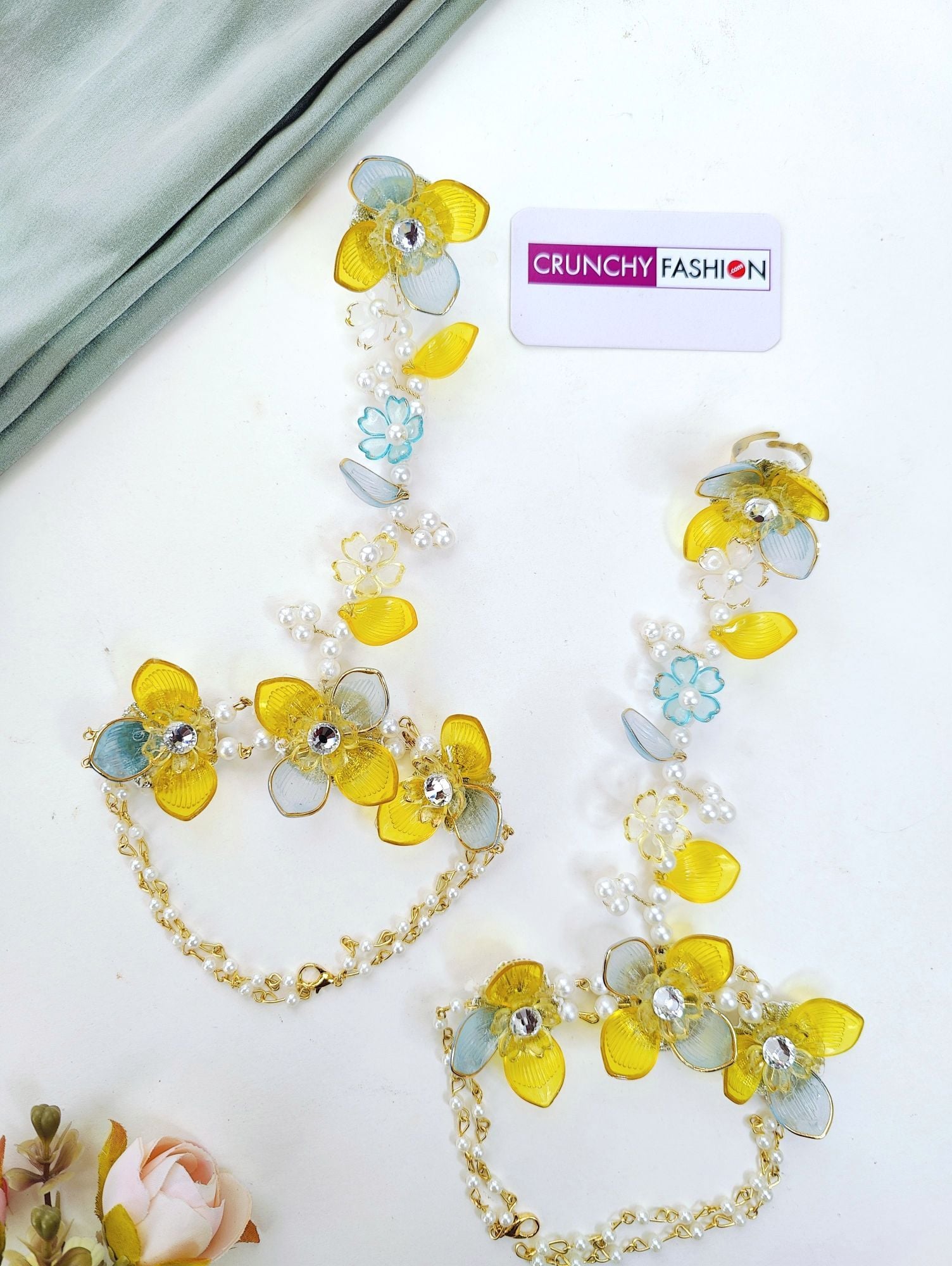 Yellow Sky Blue Floral & Sea Shell Haldi Mehndi Bridal Jewellery Set