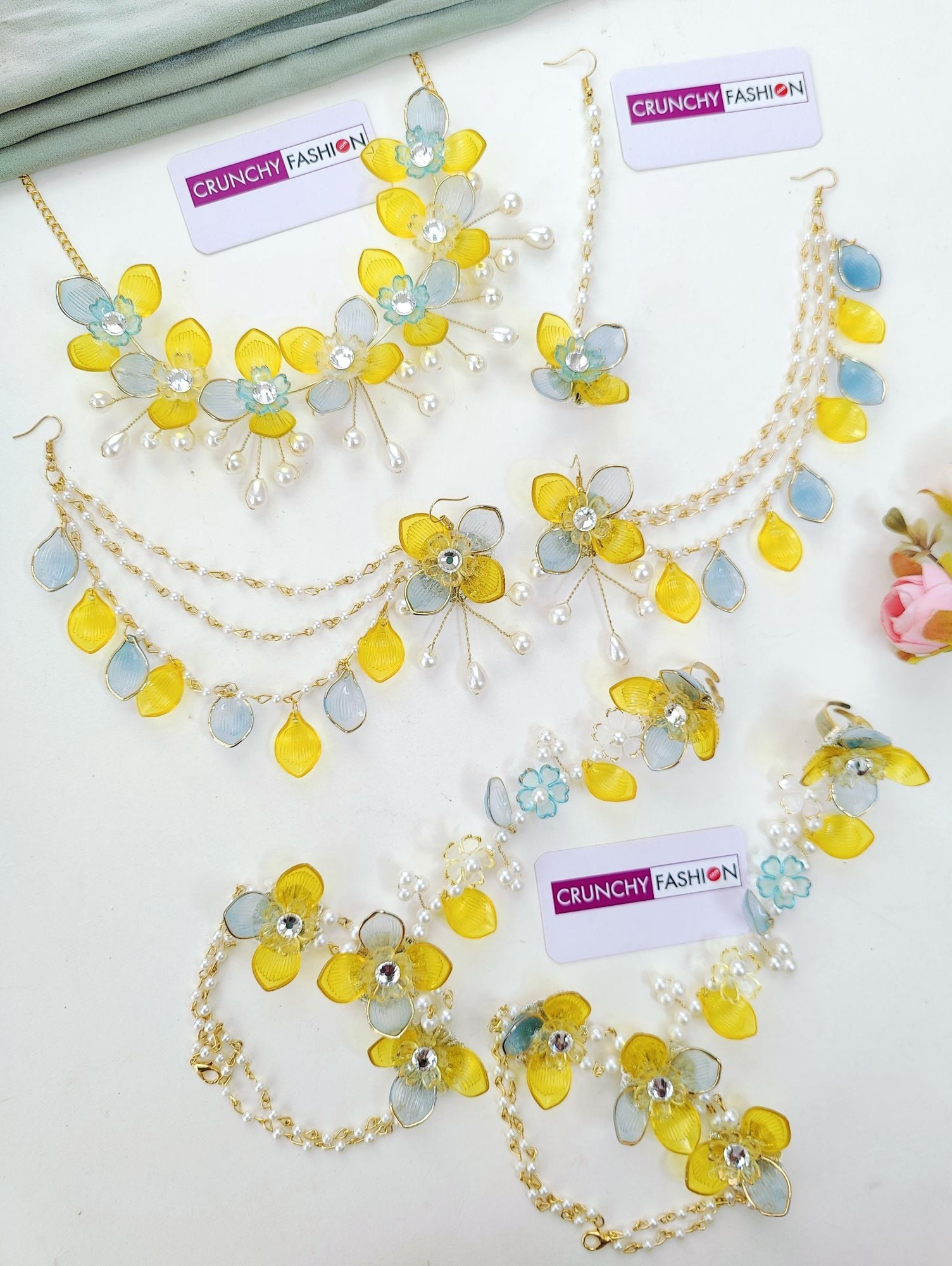 Yellow Sky Blue Floral & Sea Shell Haldi Mehndi Bridal Jewellery Set