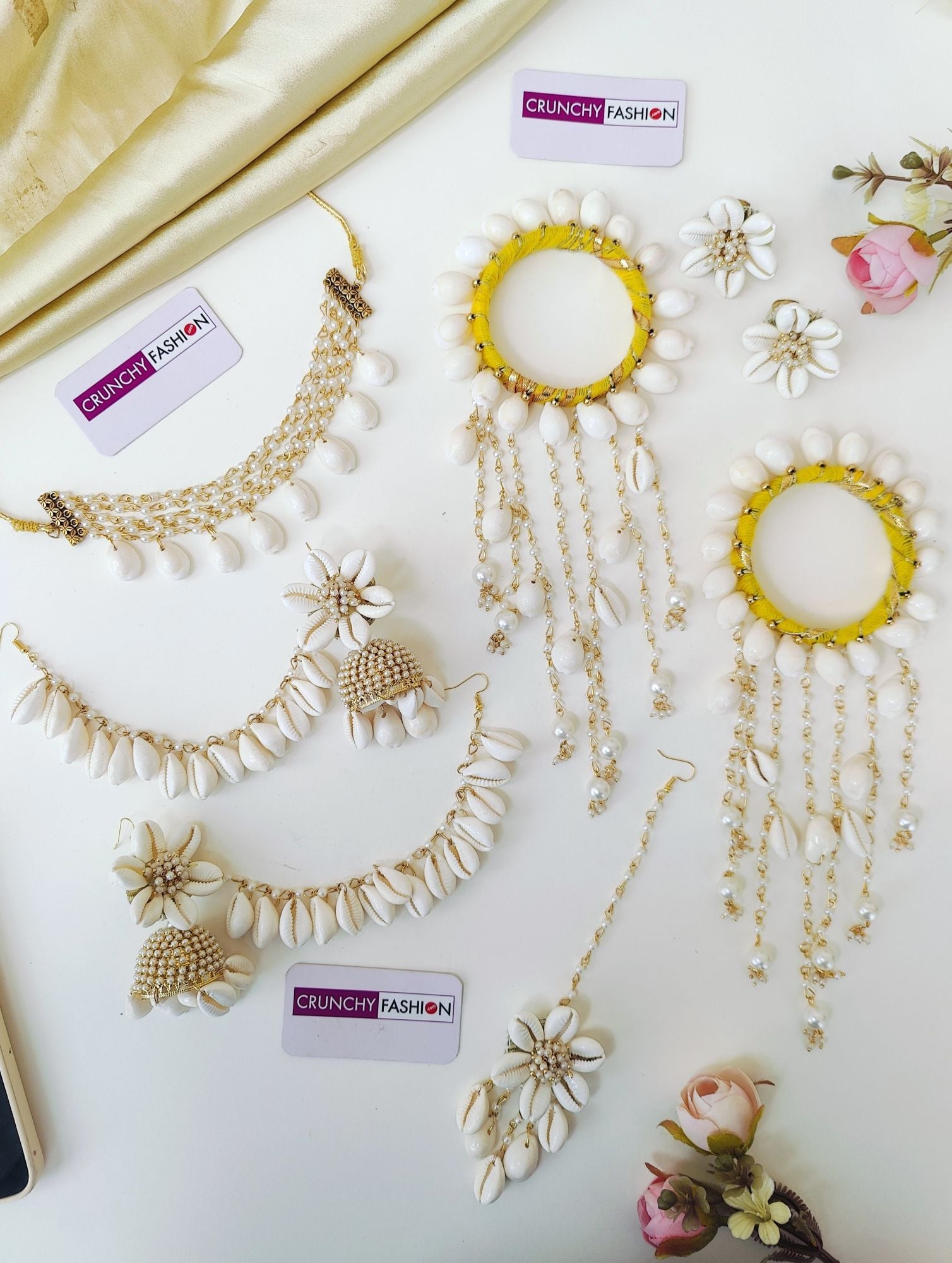 Handmade Yellow & White Sea Shell Jewellery Set for Haldi Ceremony