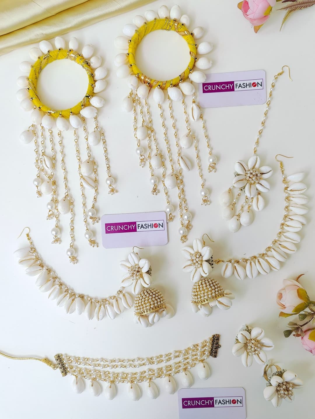 Handmade Yellow & White Sea Shell Jewellery Set for Haldi Ceremony