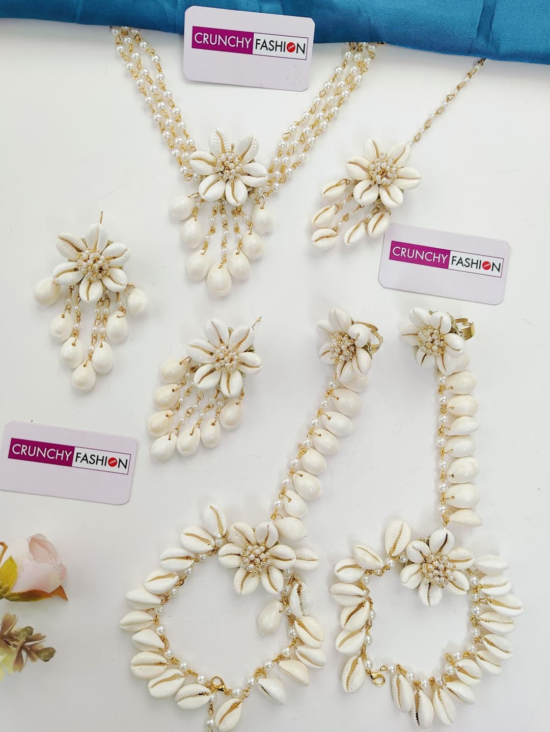 Pink Haldi Mehndi Jewellery Pearl & Sea Shell Jewellery Set