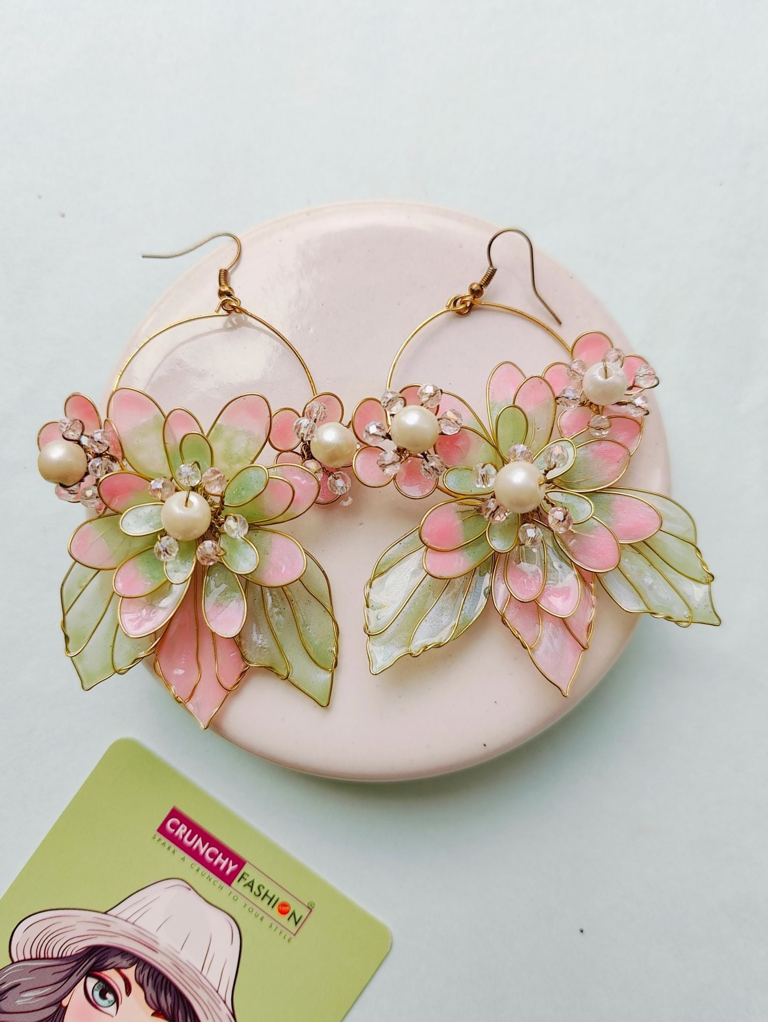 Pink & Green Floral Resin Hoop Earrings with Pearl Accents