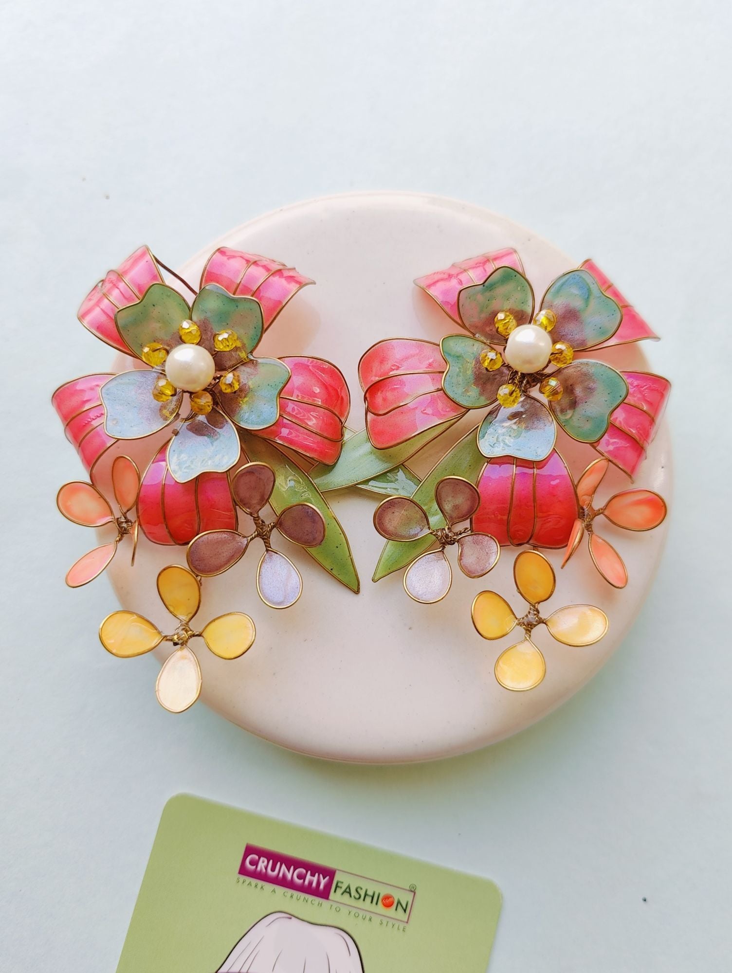 Multicolor Floral Resin Statement Earrings with Pearl Accents