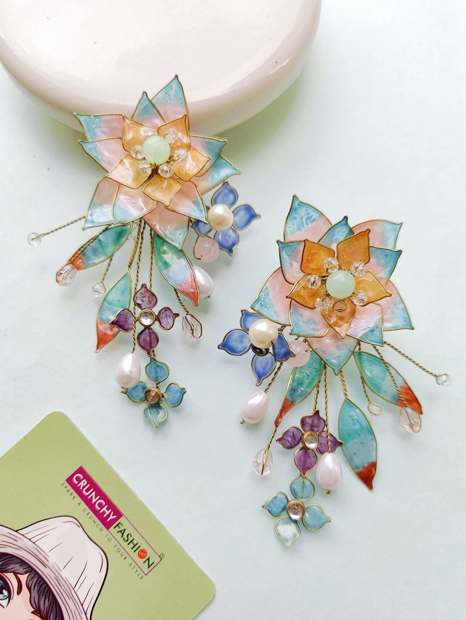 Pastel Multicolor Floral Resin Drop Earrings with Pearl Accents