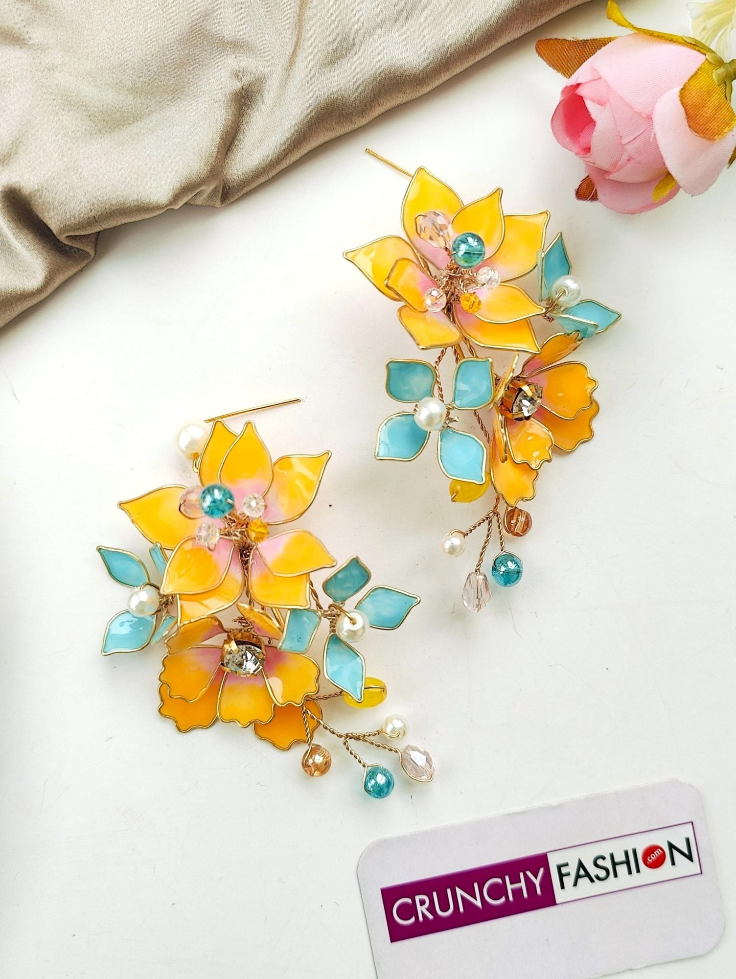 Yellow & Aqua Floral Resin Statement Earrings with Pearls