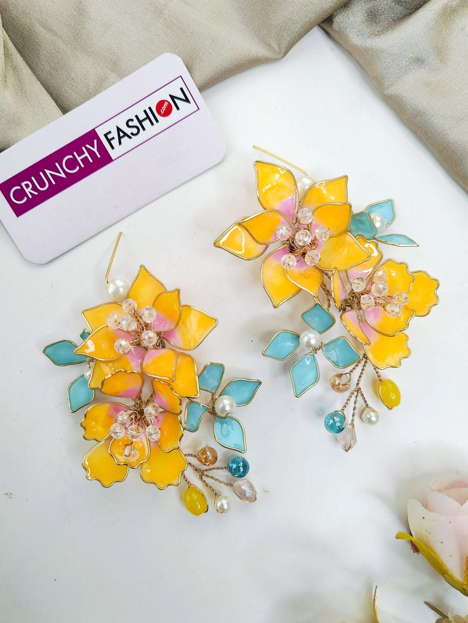 Yellow & Aqua Floral Resin Statement Earrings with Pearls