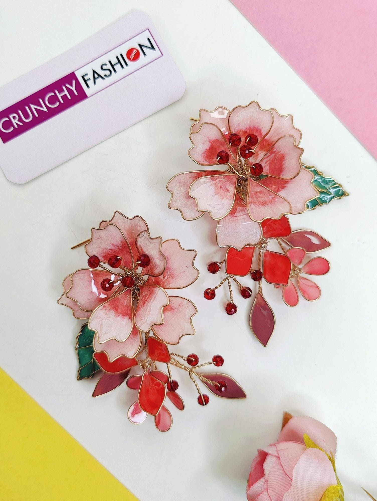 Pink Blossom Resin Art Haldi Drop Earrings in Luxe Pink-Wine Red