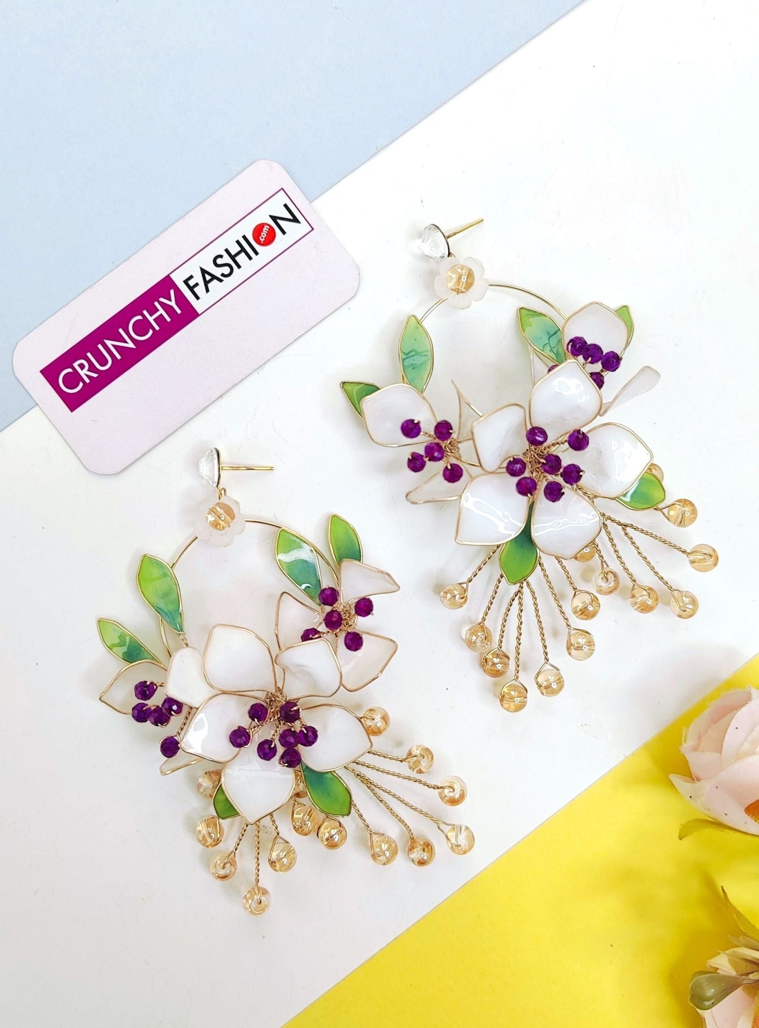 Haldi Carnival Off-White Floral Drop Earrings Resin Art Collection