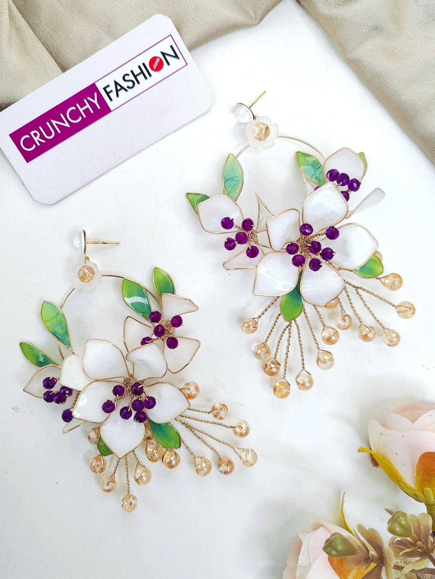 Haldi Carnival Off-White Floral Drop Earrings Resin Art Collection