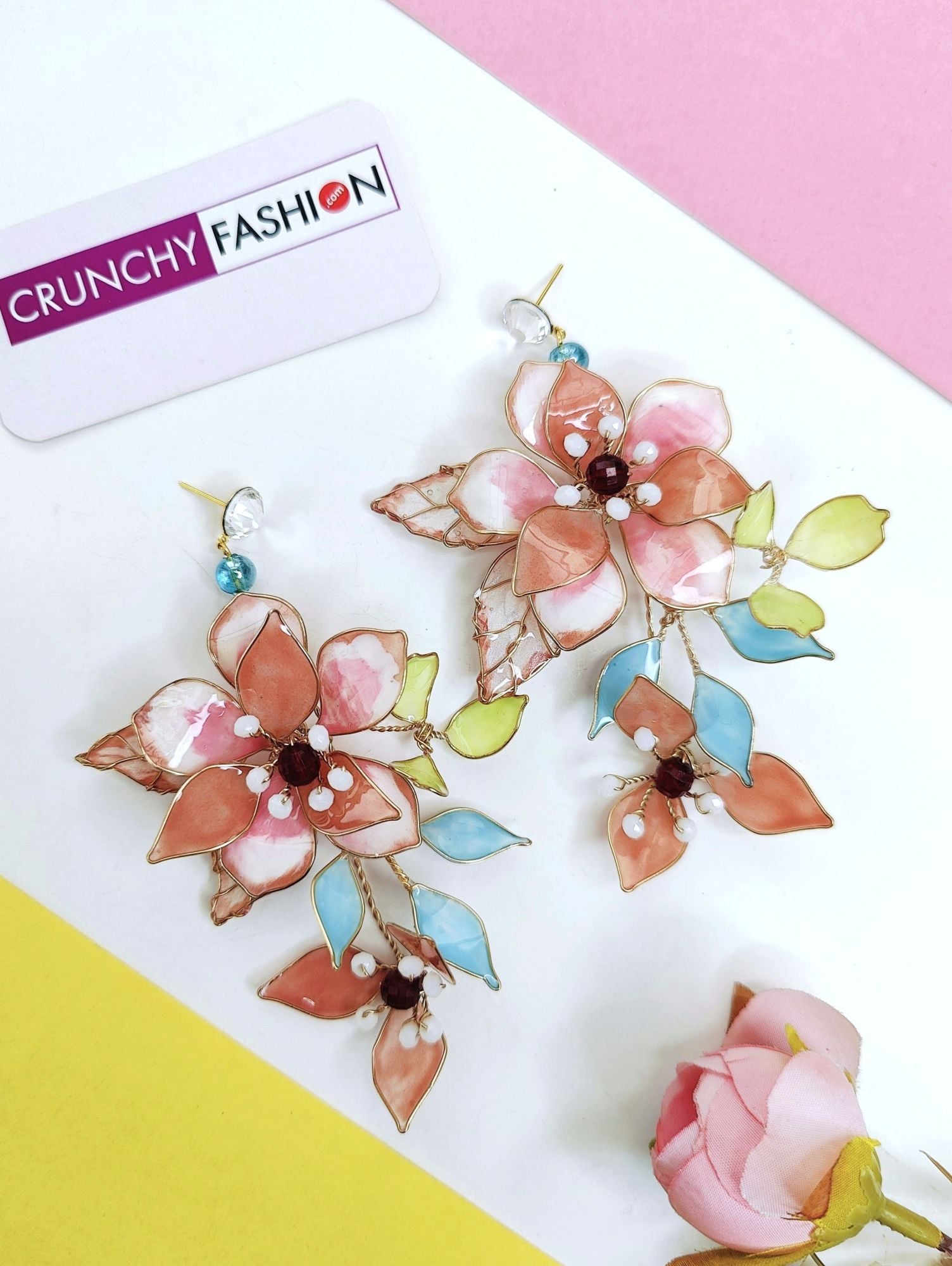 Pastel Blossom Resin Earrings with Copper Floral Detailing
