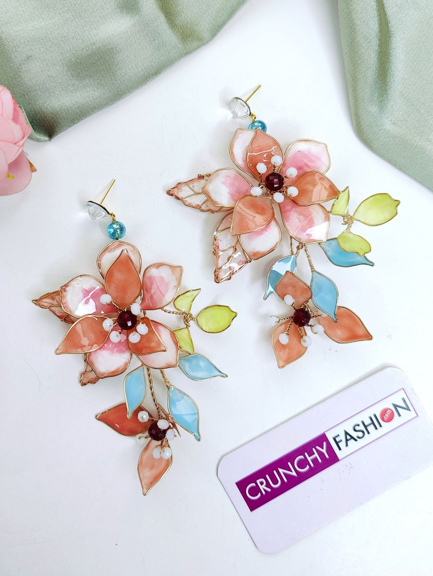 Pastel Blossom Resin Earrings with Copper Floral Detailing