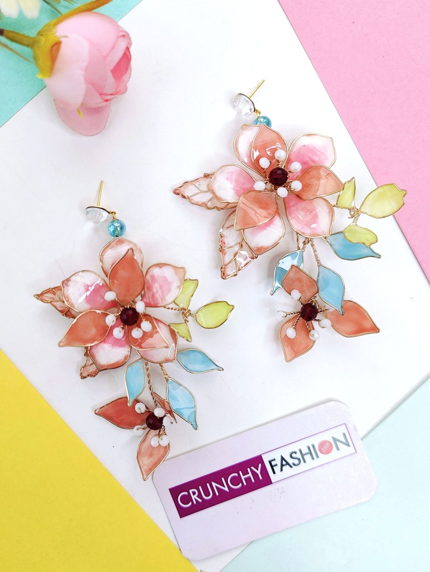Pastel Blossom Resin Earrings with Copper Floral Detailing
