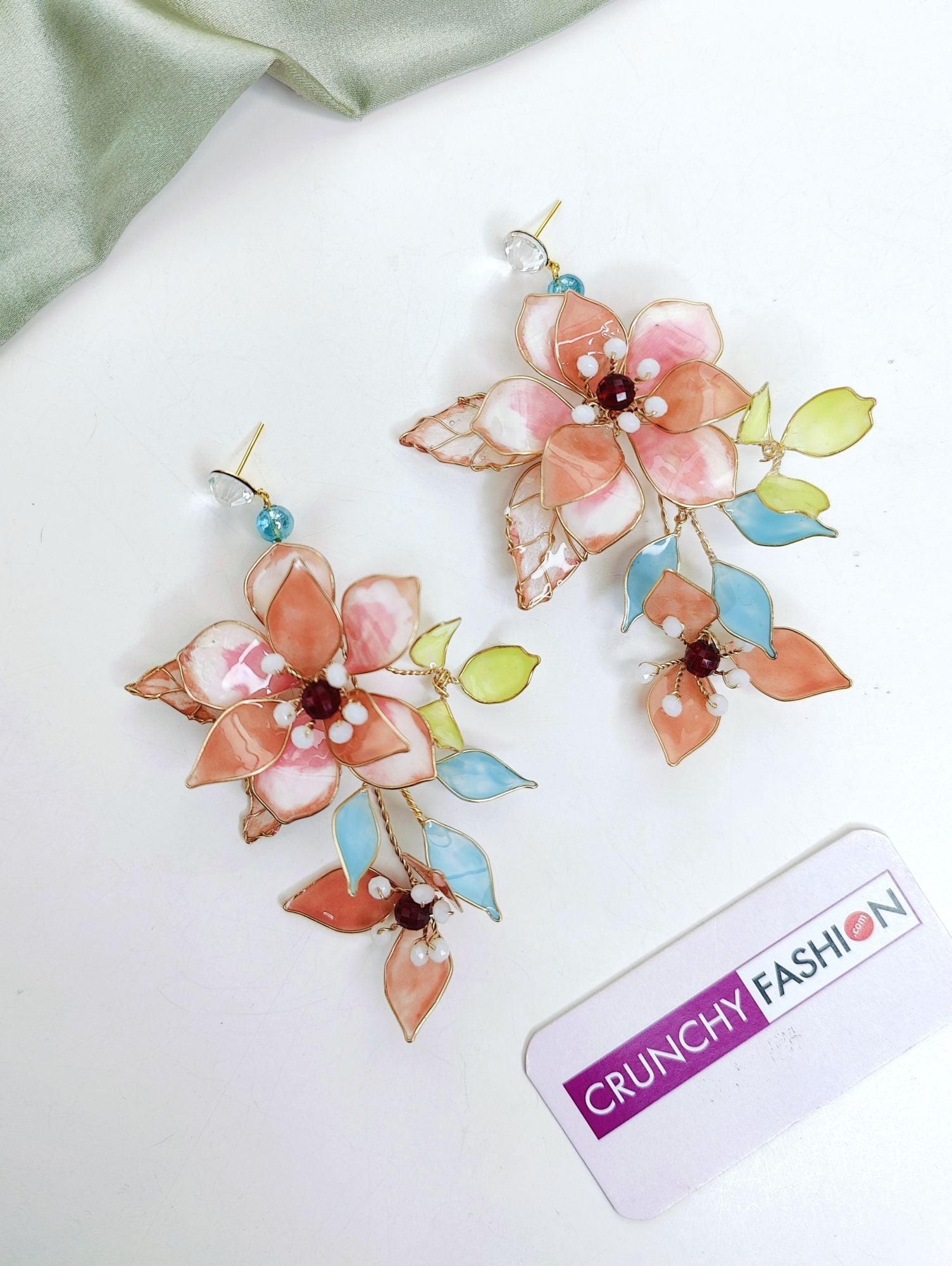 Pastel Blossom Resin Earrings with Copper Floral Detailing