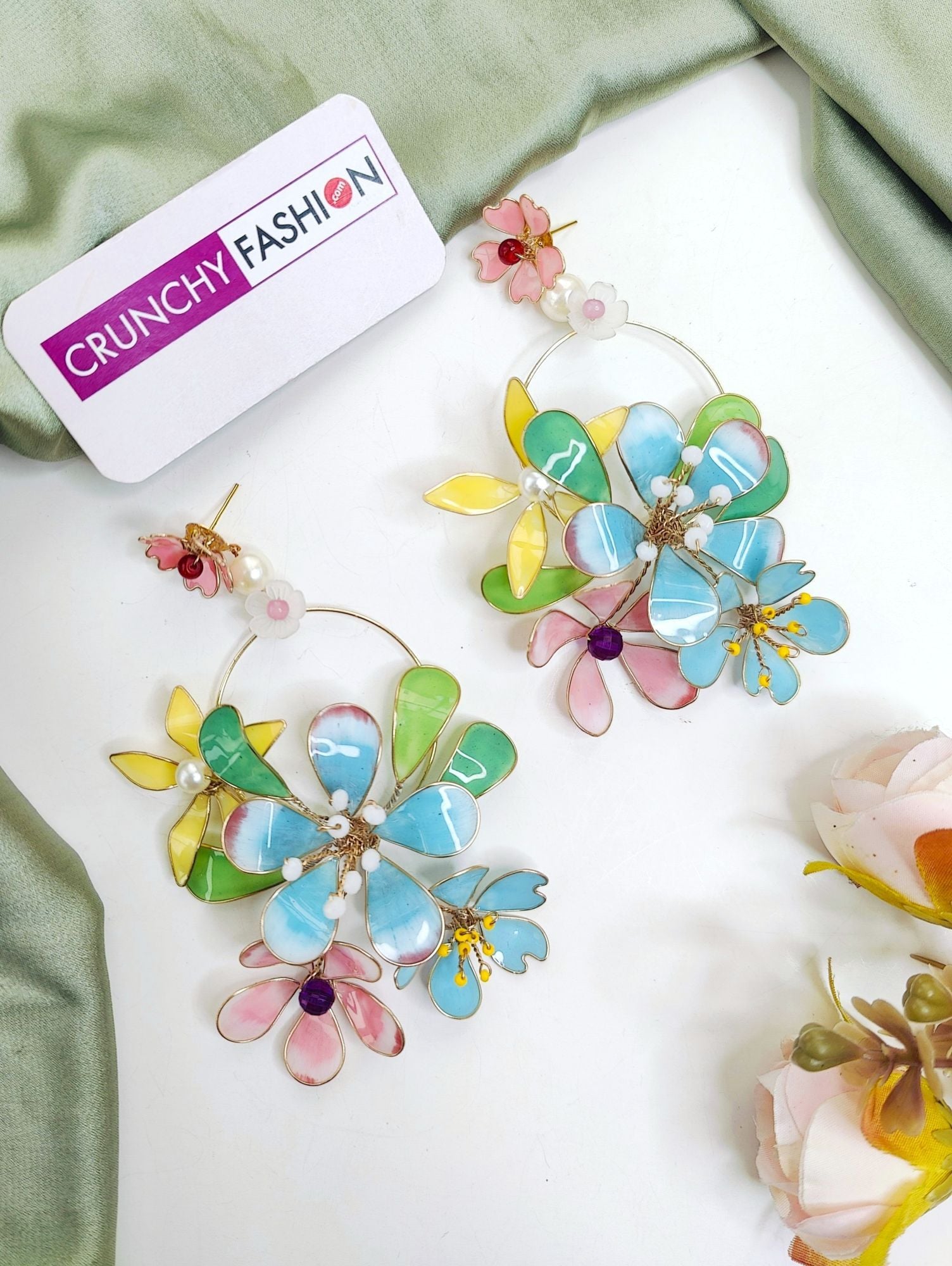 Multicolor Bloom Resin Earrings with Handmade Copper Finish
