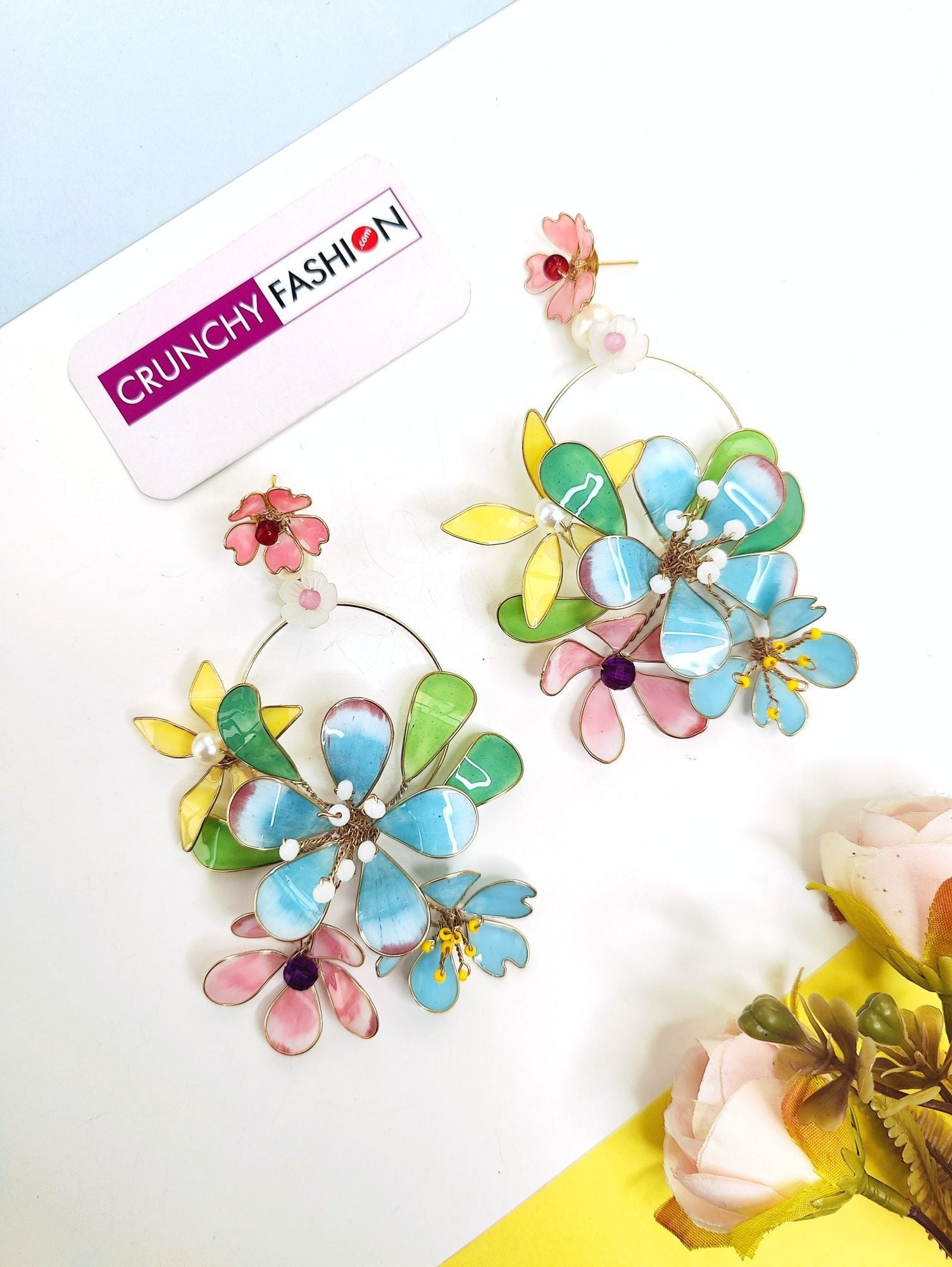 Multicolor Bloom Resin Earrings with Handmade Copper Finish