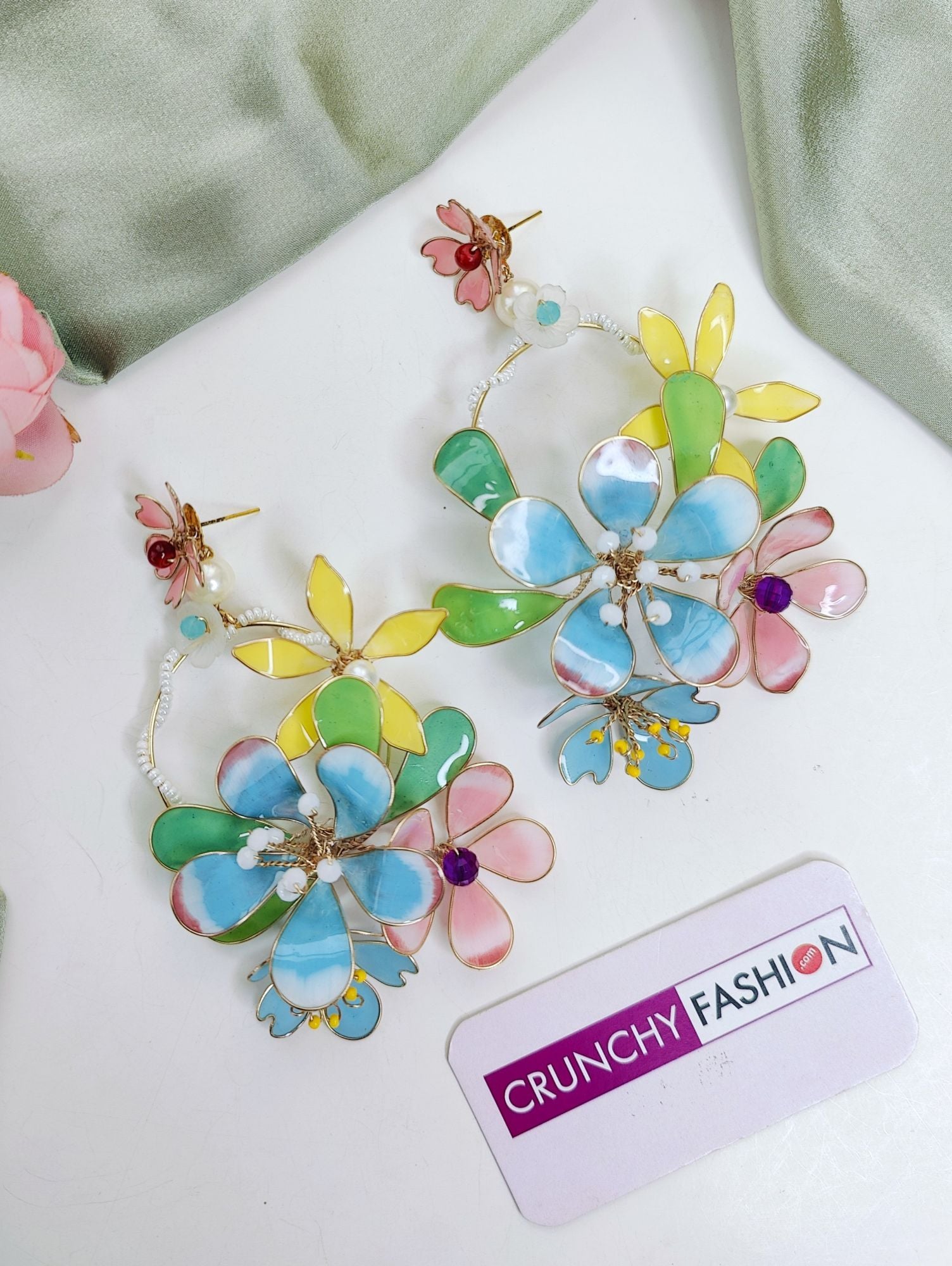 Multicolor Bloom Resin Earrings with Handmade Copper Finish