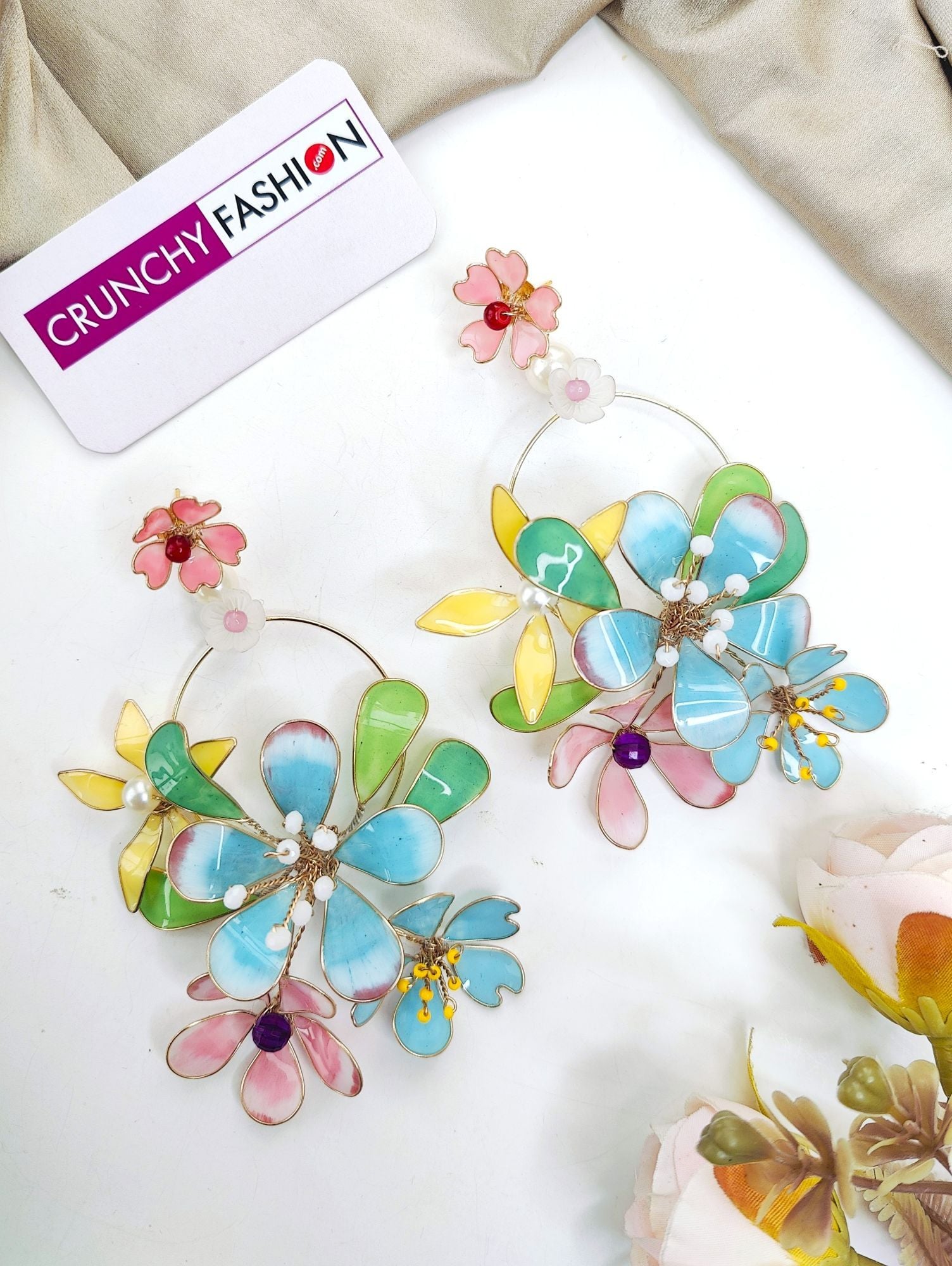 Multicolor Bloom Resin Earrings with Handmade Copper Finish