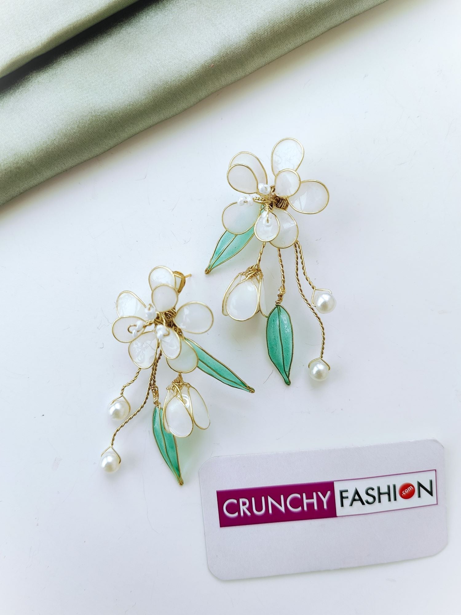 Handmade White Flower Resin Earrings with Green Leaf