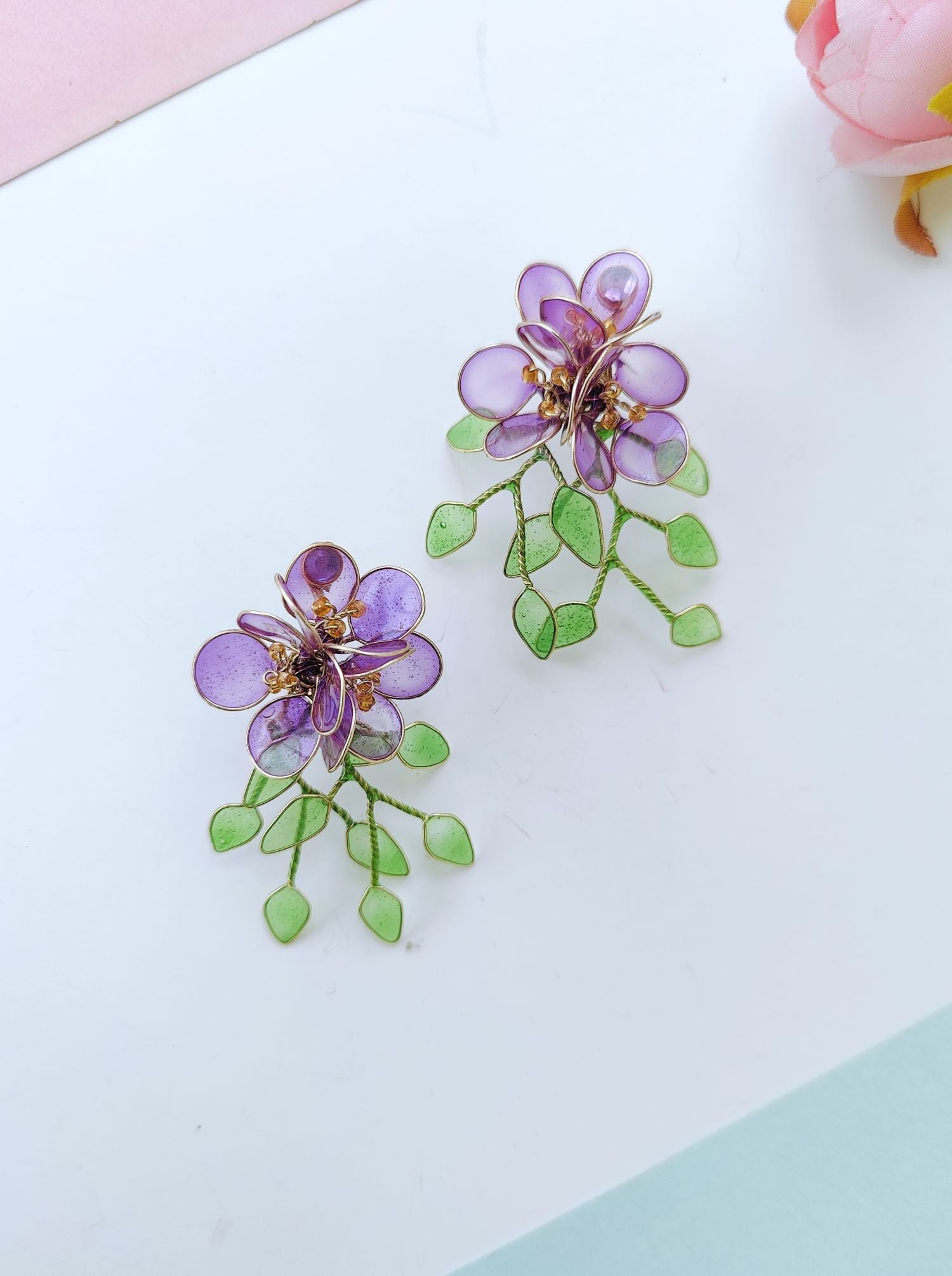 Handmade Purple Resin Floral Stud Earrings