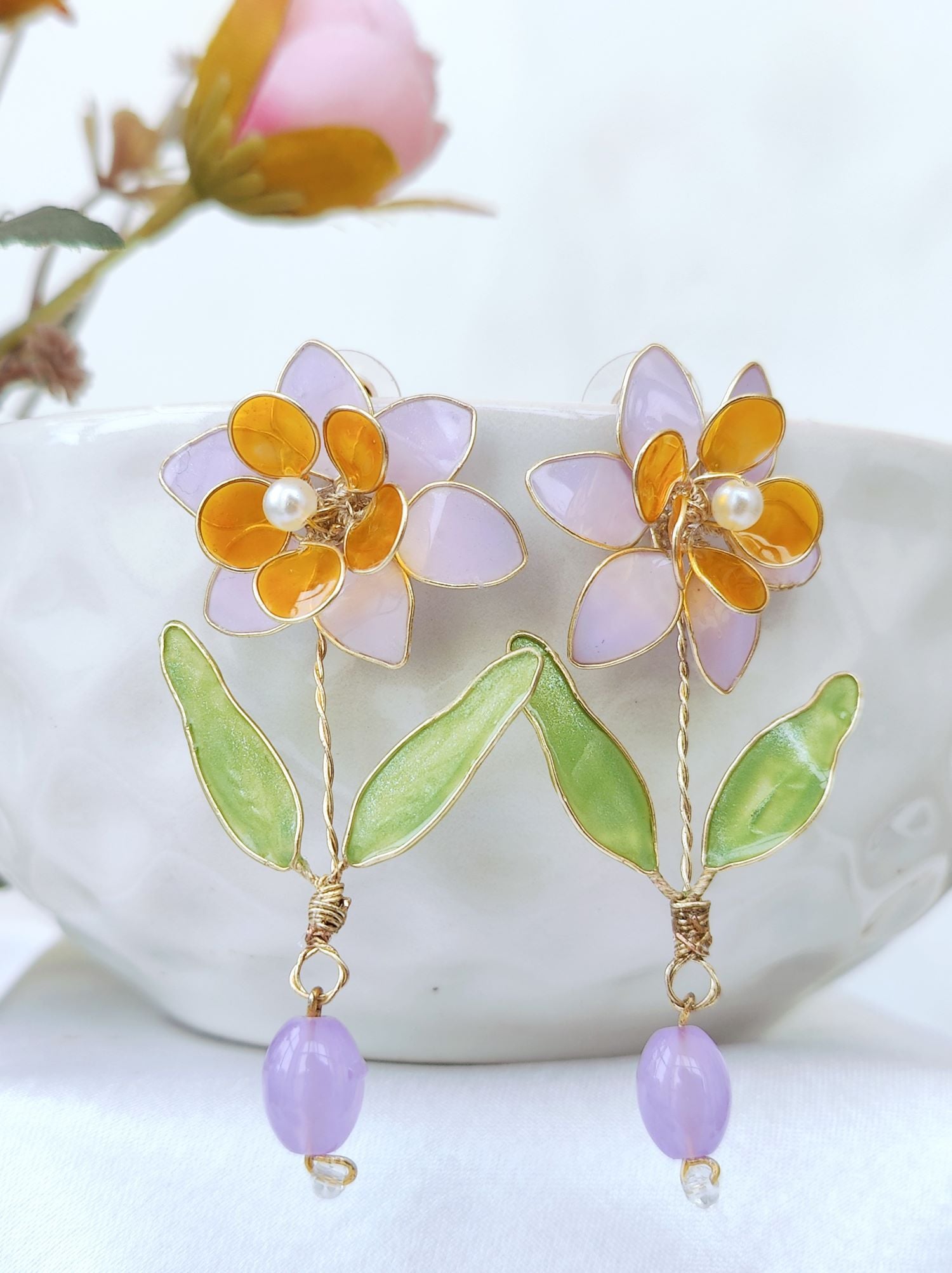 Handmade Resin Floral Earrings with Yellow Blooms