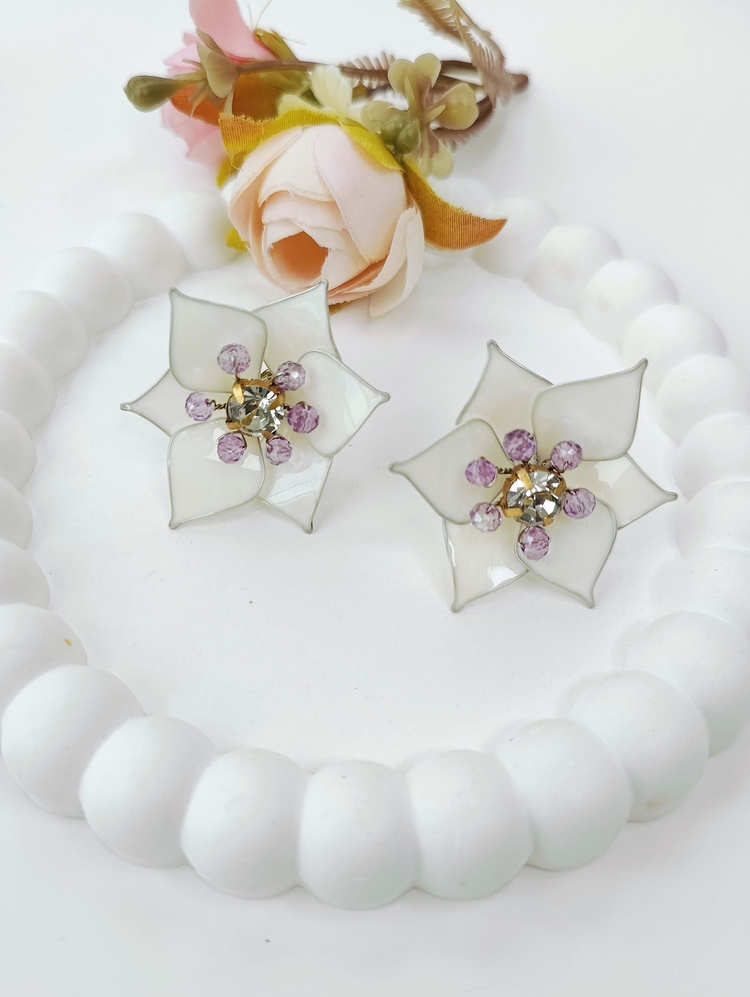 Handmade White Resin Floral Drop Earrings